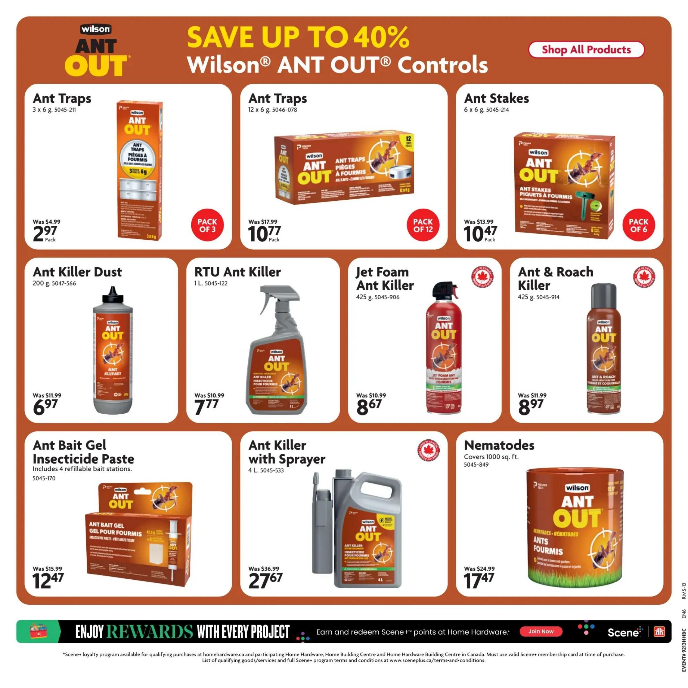Home Hardware flyer page featuring Wilson Ant Out products. Save up to 40% on Wilson Ant Out Controls. Deals include: Ant Traps (3 x 6g) for $2.97 (was $4.99), Ant Traps (12 x 6g) for $10.77 (was $17.99), Ant Stakes (6 x 6g) for $10.47 (was $13.99), Ant Killer Dust (200g) for $6.97 (was $11.99), RTU Ant Killer (1L) for $7.77 (was $10.99), Jet Foam Ant Killer (425g) for $8.67 (was $10.99), Ant & Roach Killer (425g) for $8.97 (was $11.99), Ant Bait Gel Insecticide Paste (includes 4 refillable bait stations) for $12.47 (was $15.99), Ant Killer with Sprayer (4L) for $27.67 (was $36.99), and Nematodes (covers 1000 sq. ft.) for $17.47 (was $24.99). The page also promotes 'Enjoy Rewards with Every Project' and earning Scene+ points at Home Hardware.