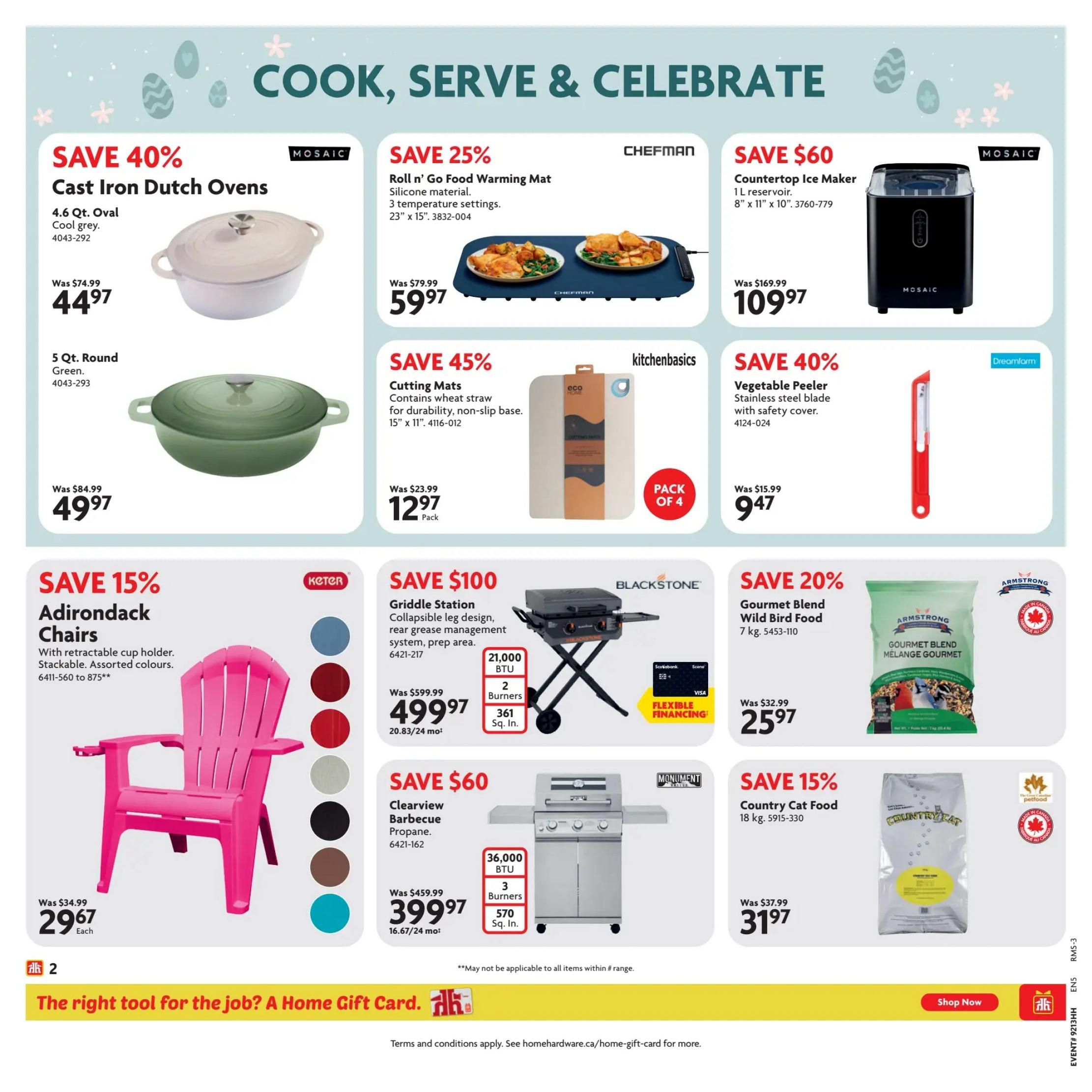 Home Hardware flyer specials page 3 features cooking and outdoor items. Save 40% on Mosaic Cast Iron Dutch Ovens, available in 4.6 Qt. Oval Cool Grey for $44.97 (was $74.99) and 5 Qt. Round Green for $49.97 (was $84.99). Save 25% on Chefman Roll n' Go Food Warming Mat, silicone material with 3 temperature settings, 23' x 15', for $59.97 (was $79.99). Save $60 on a Mosaic Countertop Ice Maker with 1 L reservoir, 8' x 11' x 10', for $109.97 (was $169.99). Save 45% on kitchenbasics Cutting Mats made with wheat straw for durability, non-slip base, 15' x 11', pack of 4 for $12.97 (was $23.99). Save 40% on Dreamform Vegetable Peeler with stainless steel blade and safety cover for $9.47 (was $15.99). Save 15% on Keter Adirondack Chairs with retractable cup holder, stackable, assorted colours, for $29.67 each (was $34.99). Save $100 on a Blackstone Griddle Station with collapsible leg design and grease management system, 21,000 BTU, 2 burners, 361 sq. in., for $499.97 (was $599.99), with flexible financing available. Save 20% on Armstrong Gourmet Blend Wild Bird Food, 7 kg, for $25.97 (was $32.99). Save $60 on a Monument Clearview Propane Barbecue, 36,000 BTU, 3 burners, 570 sq. in., for $399.97 (was $459.99). Save 15% on Country Cat Food, 18 kg, for $31.97 (was $37.99). The bottom banner promotes Home Gift Cards and a 'Shop Now' button.