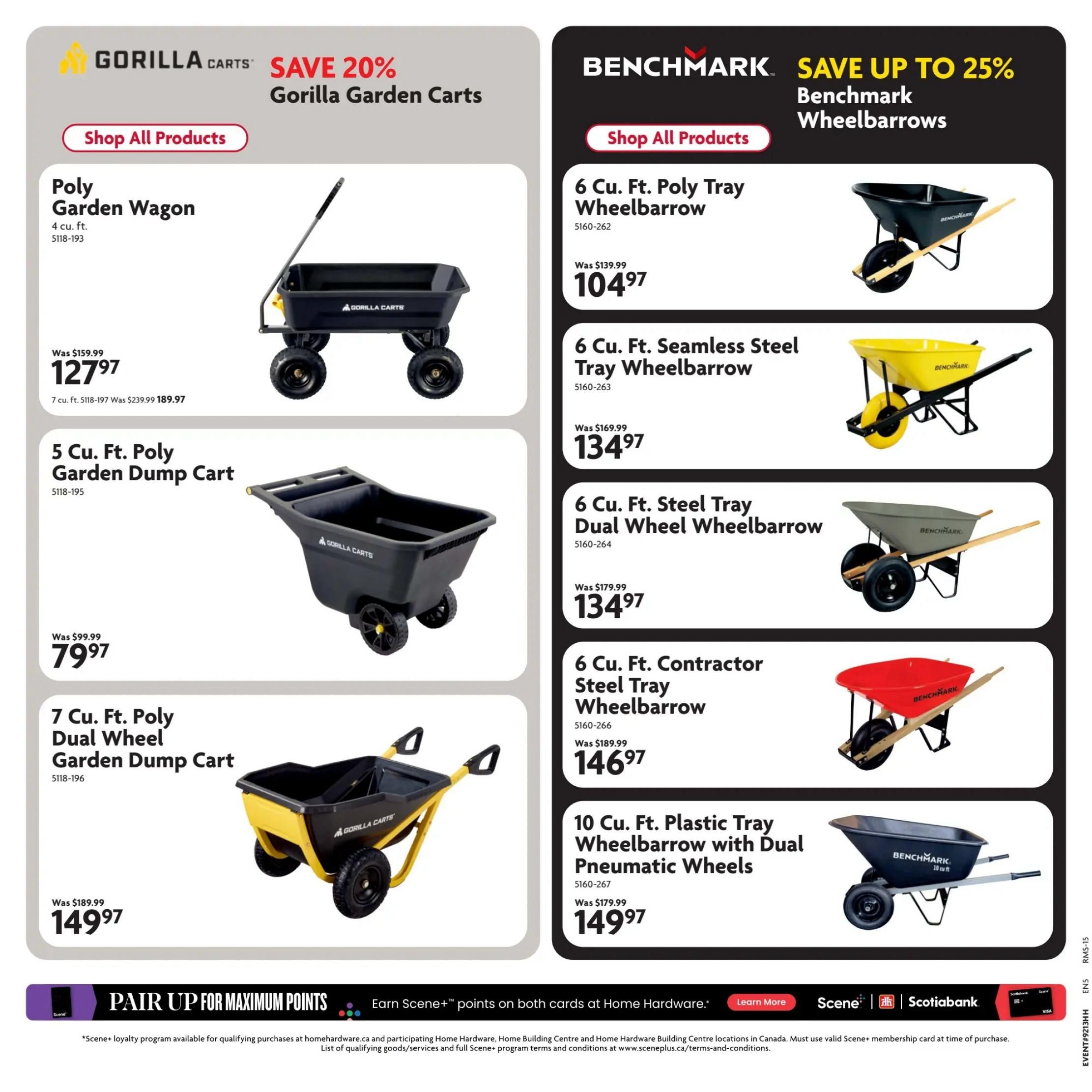 Home Hardware flyer specials page 6 features Gorilla Carts with a 20% saving and Benchmark wheelbarrows with up to 25% saving. Featured Gorilla Carts include the 4 cu. ft. Poly Garden Wagon, originally $159.99, now $127.97; the 5 cu. ft. Poly Garden Dump Cart, originally $99.99, now $79.97; and the 7 cu. ft. Poly Dual Wheel Garden Dump Cart, originally $189.99, now $149.97. Featured Benchmark wheelbarrows include the 6 cu. ft. Poly Tray Wheelbarrow, originally $139.99, now $104.97; the 6 cu. ft. Seamless Steel Tray Wheelbarrow, originally $169.99, now $134.97; the 6 cu. ft. Steel Tray Dual Wheel Wheelbarrow, originally $179.99, now $134.97; the 6 cu. ft. Contractor Steel Tray Wheelbarrow, originally $189.99, now $146.97; and the 10 cu. ft. Plastic Tray Wheelbarrow with Dual Pneumatic Wheels, originally $179.99, now $149.97. The bottom of the page promotes pairing up for maximum Scene+ points with Scotiabank.