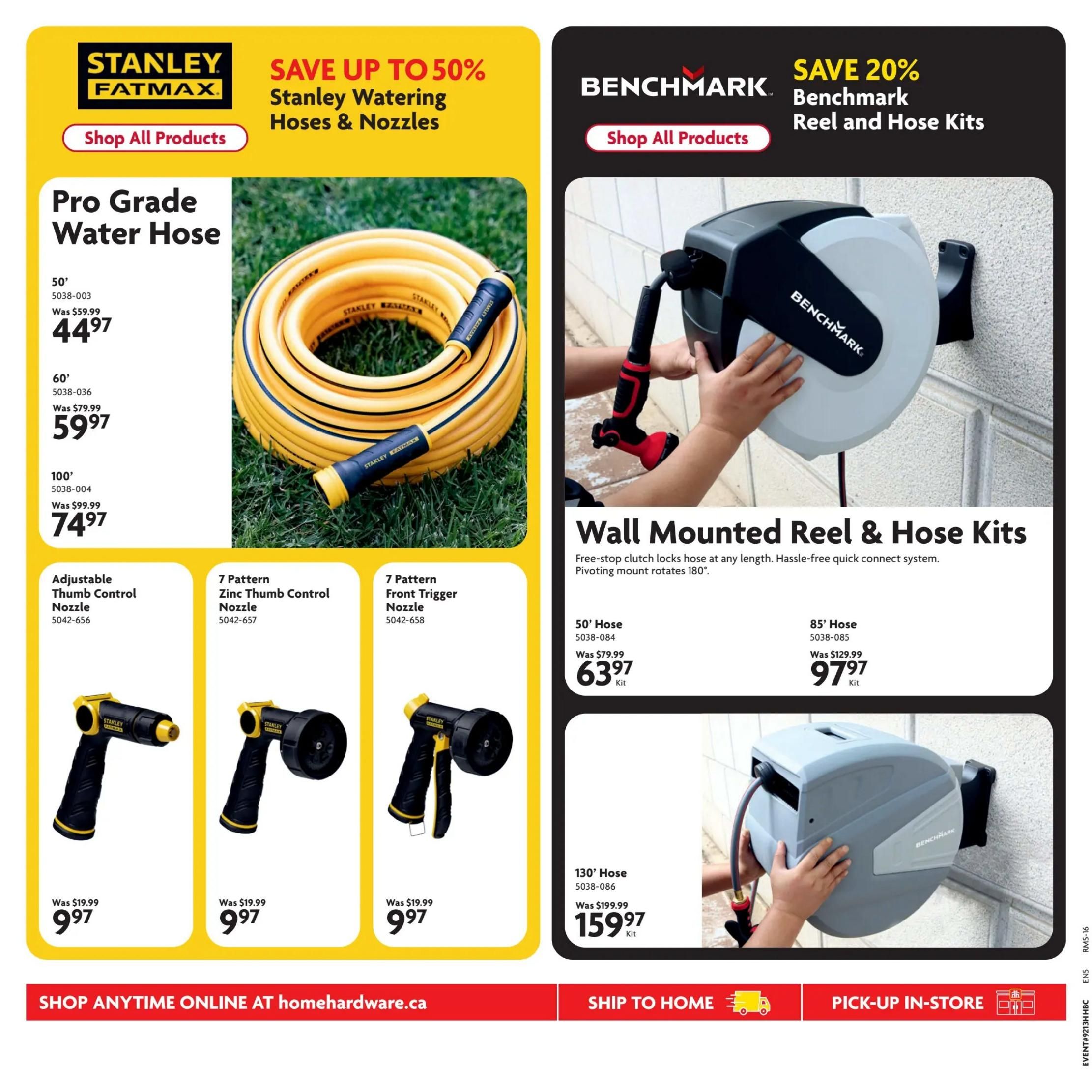 Home Hardware flyer specials page featuring Stanley Fatmax and Benchmark products. Save up to 50% on Stanley Watering Hoses & Nozzles. Featured are Pro Grade Water Hoses: 50' for $44.97 (was $59.99), 60' for $59.97 (was $79.99), and 100' for $74.97 (was $99.99). Also available are Stanley watering nozzles: Adjustable Thumb Control Nozzle for $9.97 (was $19.99), 7 Pattern Thumb Control Nozzle for $9.97 (was $19.99), and 7 Pattern Front Trigger Nozzle for $9.97 (was $19.99). On the right side, save 20% on Benchmark Reel and Hose Kits. Featured are Wall Mounted Reel & Hose Kits: 50' Hose Kit for $63.97 (was $79.99), 85' Hose Kit for $97.97 (was $129.99), and 130' Hose Kit for $159.97 (was $199.99). The page also includes options to shop anytime online at homehardware.ca, ship to home, and pick-up in-store.