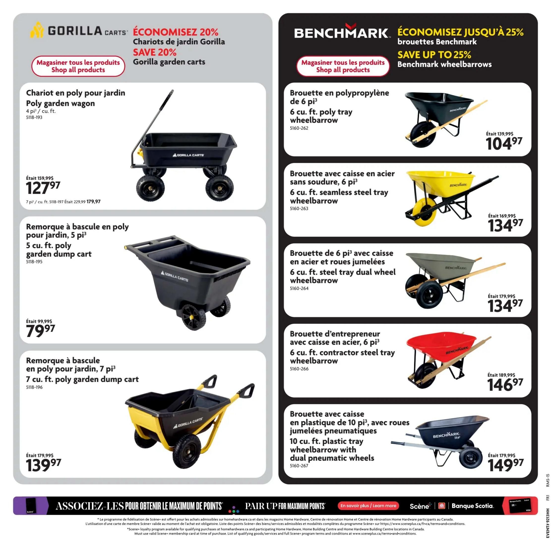 Home Hardware flyer page 6 featuring Gorilla Carts and Benchmark wheelbarrows. Gorilla Carts section includes a 4 cu. ft. poly garden wagon on sale for $127.97 (originally $159.99), a 5 cu. ft. poly garden dump cart for $79.97 (originally $99.99), and a 7 cu. ft. poly garden dump cart for $139.97 (originally $179.99). All Gorilla Carts are advertised with a 'SAVE 20%' discount. The Benchmark section showcases various wheelbarrows: a 6 cu. ft. poly tray wheelbarrow for $104.97 (originally $139.99), a 6 cu. ft. seamless steel tray wheelbarrow for $134.97 (originally $169.99), a 6 cu. ft. steel tray dual wheel wheelbarrow for $134.97 (originally $179.99), a 6 cu. ft. contractor steel tray wheelbarrow for $146.97 (originally $189.99), and a 10 cu. ft. plastic tray wheelbarrow with dual pneumatic wheels for $149.97 (originally $179.99). Benchmark products offer 'SAVE UP TO 25%' discounts. The bottom of the page promotes 'PAIR UP FOR MAXIMUM POINTS' with Scene+ and Bank of Nova Scotia.