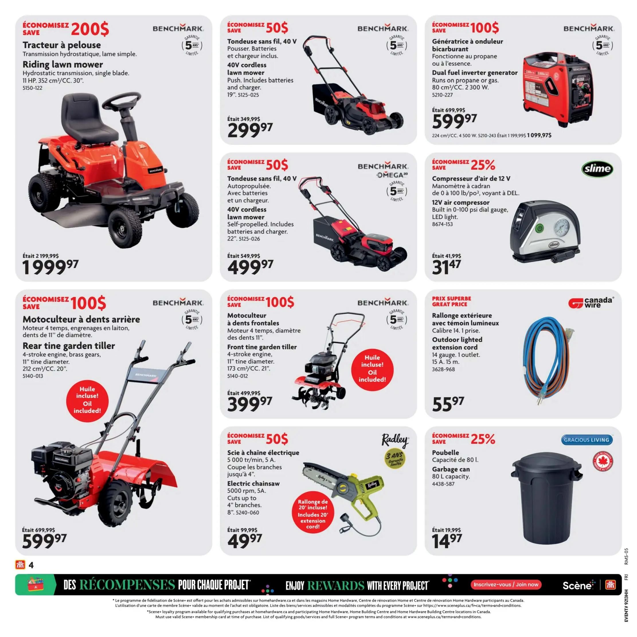 Home Hardware flyer page 7 featuring various home and garden equipment. Save $200 on a Benchmark 30' riding lawn mower with hydrostatic transmission, now $1999.97. Save $50 on a Benchmark 40V cordless push lawn mower with 19' cutting width, now $299.97. Save $50 on a Benchmark 40V cordless self-propelled lawn mower with 22' cutting width, now $499.97. Save $100 on a Benchmark dual fuel inverter generator (80 cm³/2300 W) running on propane or gas, now $599.97. Save 25% on a 12V air compressor with 0-100 psi dial gauge and LED light, now $31.47. Save $100 on a 4-stroke engine, brass gear, front tine garden tiller with 11' tines, now $399.97. Also available is a rear tine garden tiller with 11' tines, 212 cm³/20', now $599.97, with oil included. Save $50 on a Radley electric chainsaw, 5000 rpm, 5A, cuts up to 4' branches, now $49.97, includes a 20' extension cord. Canada Wire outdoor lighted extension cord, 14 gauge, 1 outlet, 15A, 15m, is on sale for $55.97. Save 25% on a Gracious Living 80 L garbage can, now $14.97. The bottom of the page highlights 'Enjoy Rewards with Every Project' and Scene+ loyalty program information.