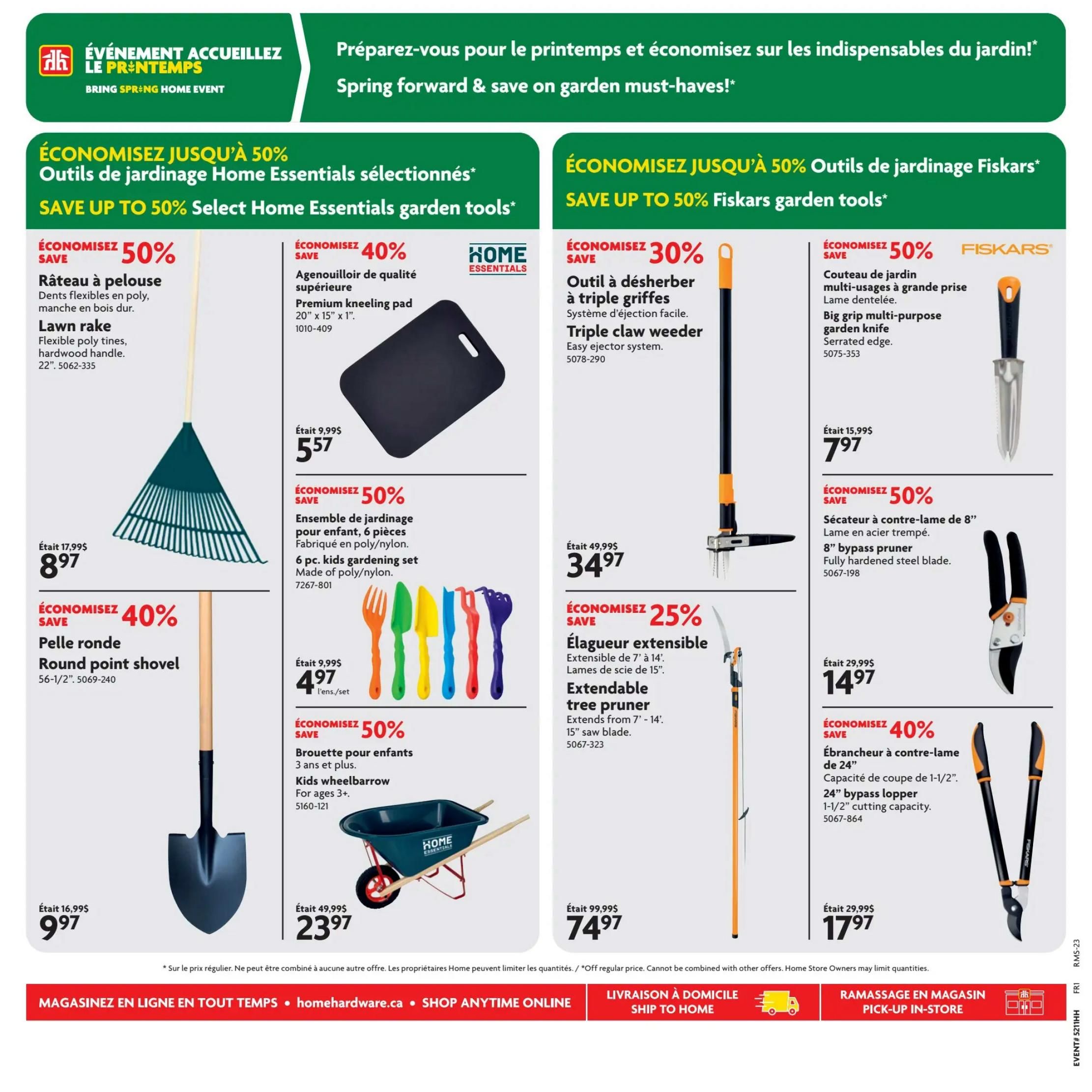 Home Hardware flyer page 10 featuring Spring Forward & Save on garden must-haves. Save up to 50% on select Home Essentials garden tools including a lawn rake for $8.97, a round point shovel for $9.97, a premium kneeling pad for $5.57, a 6-piece kids gardening set for $4.97, and a kids wheelbarrow for $23.97. Also, save up to 50% on Fiskars garden tools. Featured Fiskars items include a triple claw weeder for $34.97, a big grip multi-purpose garden knife for $7.97, an 8' bypass pruner for $17.97, an extendable tree pruner for $7.97, and a 24' bypass lopper for $14.97. Shop online at homehardware.ca or pick up in-store.