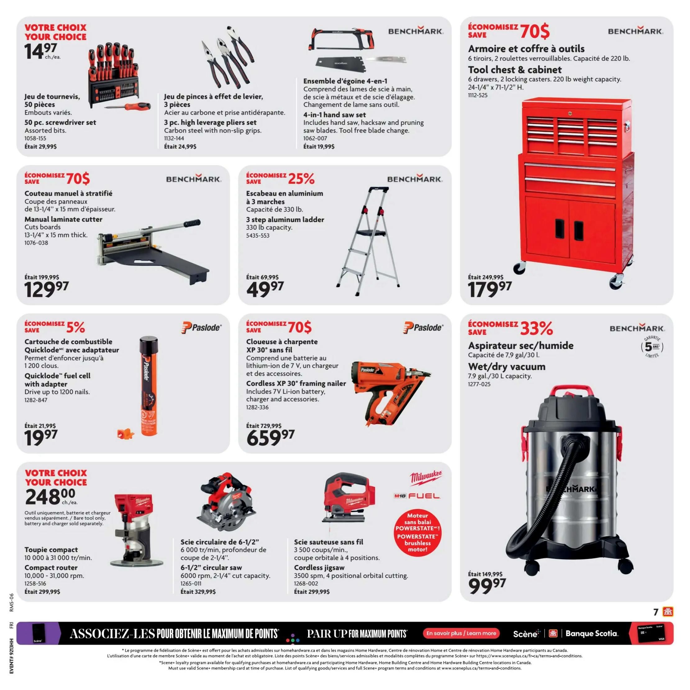Home Hardware flyer page 12 featuring various tools and equipment. Top row includes a 50-piece screwdriver set for $14.97, a 3-piece high leverage pliers set for $24.99 (originally $24.99), and a 4-in-1 hand saw ensemble for $19.99. Below these, a manual laminate cutter is on sale for $129.97 (originally $199.99). On the right side, a Benchmark tool chest & cabinet is priced at $179.97 (originally $249.99). The middle section showcases a 3-step aluminum ladder for $49.97 (originally $69.99) and a Paslode Cordless XP 30° framing nailer for $659.97 (originally $729.99). A Paslode Quicklode fuel cell with adapter is $19.97 (originally $21.99). The bottom section features a compact router for $248.00, a 6-1/2' circular saw for $329.99 (originally $329.99), and a Milwaukee cordless jigsaw for $99.97 (originally $299.99). A Benchmark wet/dry vacuum is also available for $99.97 (originally $149.99). The bottom banner promotes 'Pair Up for Maximum Points' with Scene+ and Bank of Nova Scotia.