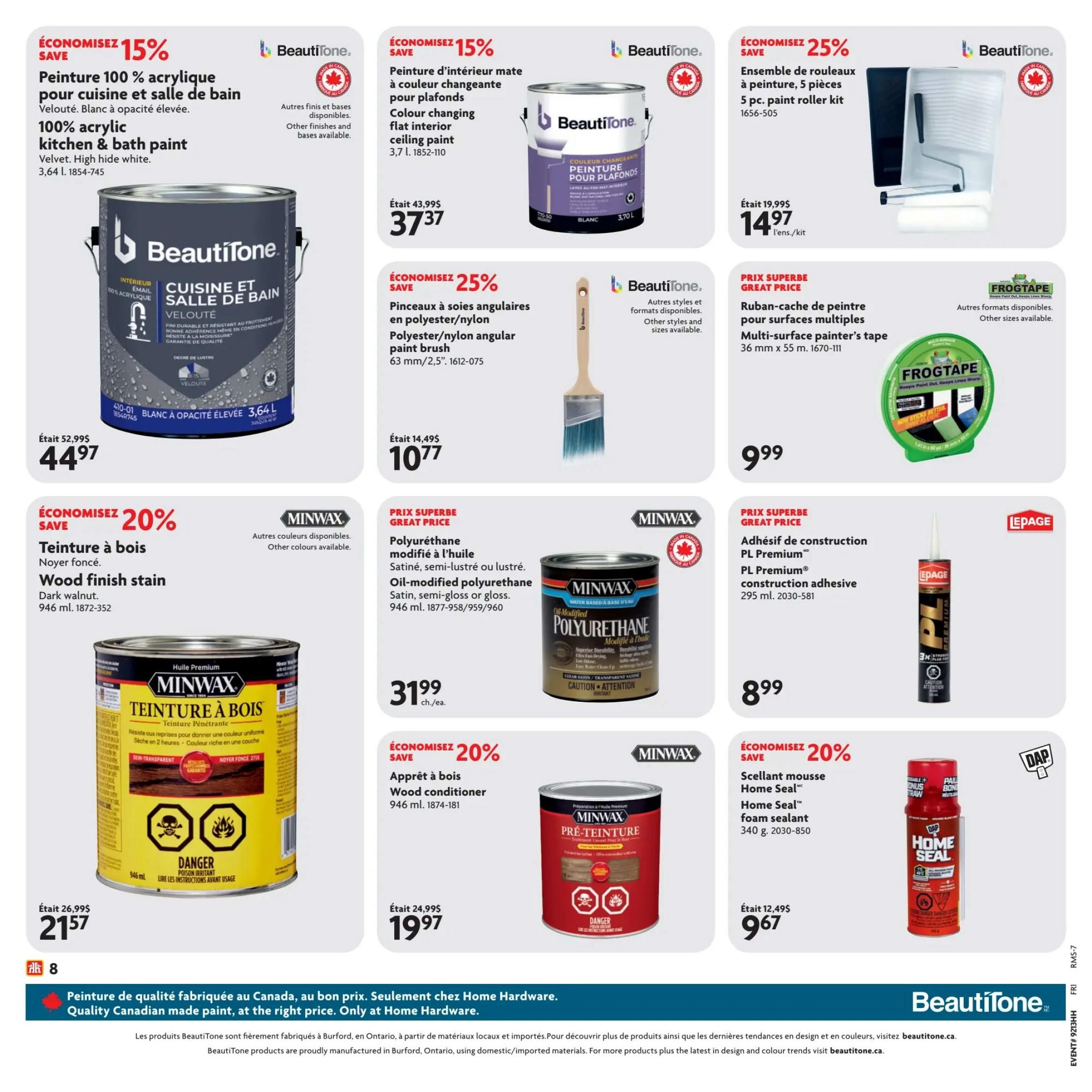 Home Hardware flyer page 13 featuring BeautiTone paints and Minwax wood finishing products. Save 15% on BeautiTone 100% acrylic kitchen & bath paint in velvet, high hide white, 3.64 L for $44.97. Also save 15% on BeautiTone colour changing flat interior ceiling paint, 3.7 L for $37.37. Save 25% on BeautiTone polyester/nylon angular paint brushes for $10.77 and on a 5-piece paint roller kit for $14.97. Save 20% on Minwax wood finish stain in dark walnut, 946 mL for $21.57 and on Minwax wood conditioner, 946 mL for $19.97. Also featured is Minwax oil-modified polyurethane in satin, semi-gloss or gloss, 946 mL for $31.99 each. Great prices include Frogtape multi-surface painter's tape, 36 mm x 55 m for $9.99 and Lepage PL Premium construction adhesive, 295 mL for $8.99. Save 20% on Home Seal foam sealant, 340 g for $9.67. The page highlights quality Canadian-made paint at the right price, only at Home Hardware.