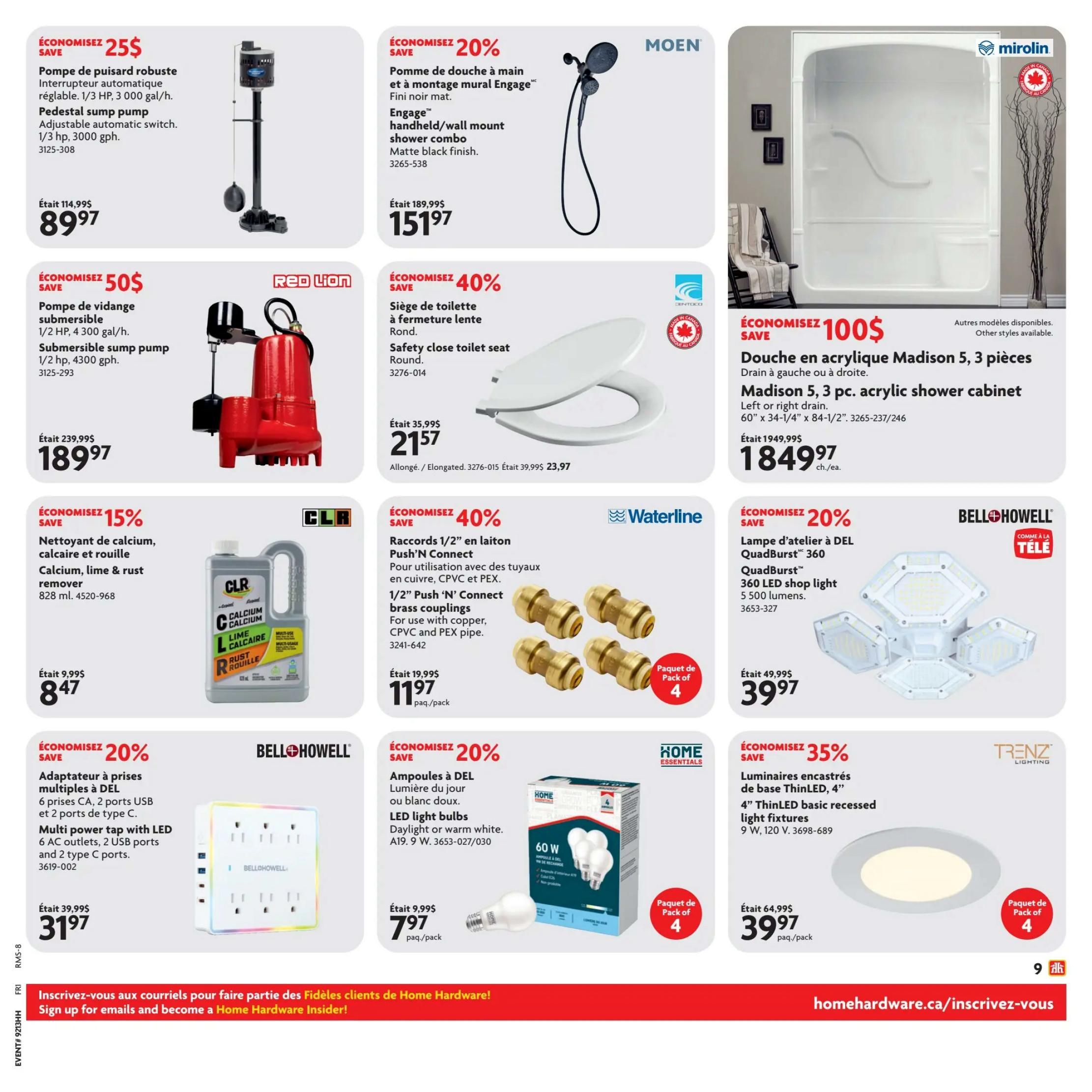 Home Hardware flyer page 14 features a robust pedestal sump pump with adjustable automatic switch, 1/3 HP, 3000 gph, on sale for $89.97, saving $25. A submersible sump pump, 1/2 HP, 4300 gph, is $189.97, saving $50. The Moen Engage handheld/wall mount shower combo in matte black finish is $151.97, a 20% saving. A Mirolin Madison 5, 3-piece acrylic shower cabinet for left or right drain, measuring 60' x 34-1/4' x 84-1/2', is on special for $1849.97, saving $100. A round, safety close toilet seat is $21.57, a 40% saving. Waterline 1/2' Push 'N' Connect brass couplings for copper, CPVC, and PEX pipes are $11.97 per pack of 4, a 40% saving. CLR Calcium, Lime & Rust remover, 828 ml, is $8.47, a 15% saving. Bell+Howell QuadBurst 360 LED shop light with 5500 lumens is $39.97, a 20% saving. Bell+Howell multi-power tap with 6 AC outlets, 2 USB ports, and 2 type C ports is $31.97, a 20% saving. Home Essentials LED light bulbs (daylight or warm white, A19, 9W) are $7.97 per pack of 4, a 20% saving. Trenz Lighting 4' ThinLED basic recessed light fixtures, 9W, 120V, are $39.97 per pack of 4, a 35% saving.