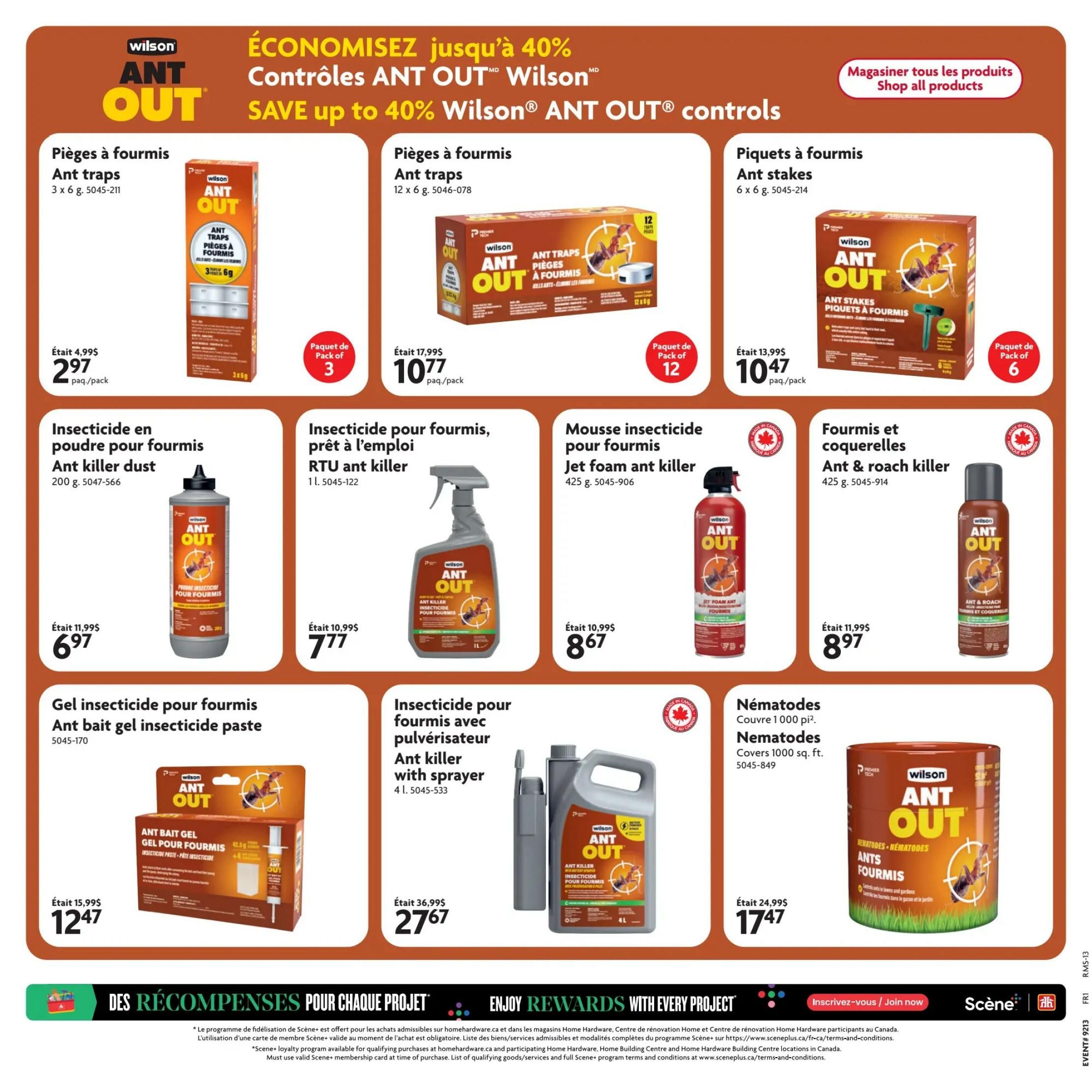 Home Hardware flyer page featuring Wilson Ant Out pest control products. Save up to 40% on Wilson Ant Out controls. Products include Ant Traps (3 x 6g) for $2.97, Ant Traps (12 x 6g) for $10.77, and Ant Stakes (6 x 6g) for $10.47. Also available are Ant Killer Dust (200g) for $6.97, RTU Ant Killer (1L) for $7.77, Jet Foam Ant Killer (425g) for $8.67, and Ant & Roach Killer (425g) for $8.97. Additionally, find Ant Bait Gel Insecticide Paste for $12.47, Ant Killer with Sprayer (4L) for $27.67, and Nematodes (covers 1000 sq. ft.) for $17.47. The page also promotes the Scene+ loyalty program for rewards on qualifying purchases.