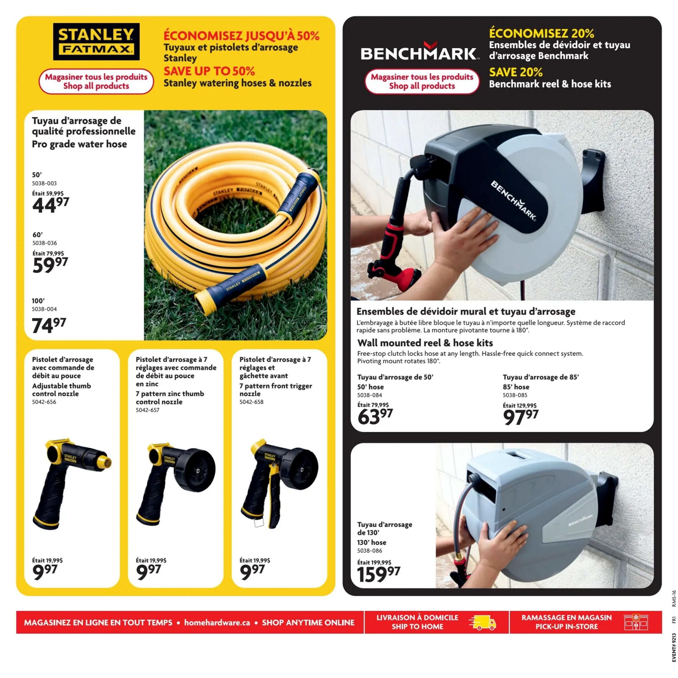 Home Hardware flyer specials page 18 features Stanley Fatmax and Benchmark products. Save up to 50% on Stanley watering hoses and nozzles. Available are a Pro grade water hose, 50' for $44.97 (was $59.99), 60' for $59.97 (was $79.99), and 100' for $74.97. Also featured are Stanley watering nozzles: Adjustable thumb control nozzle for $9.97 (was $19.99), 7 pattern zinc thumb control nozzle for $9.97 (was $19.99), and 7 pattern front trigger nozzle for $9.97 (was $19.99). On the right side, save 20% on Benchmark reel & hose kits. Wall mounted reel & hose kits feature a free-stop clutch that locks hose at any length and a pivoting mount that rotates 180 degrees. Available are a 50' hose for $63.97 (was $79.99), an 85' hose for $97.97 (was $129.99), and a 130' hose for $159.97 (was $199.99). Shop all products online at homehardware.ca.