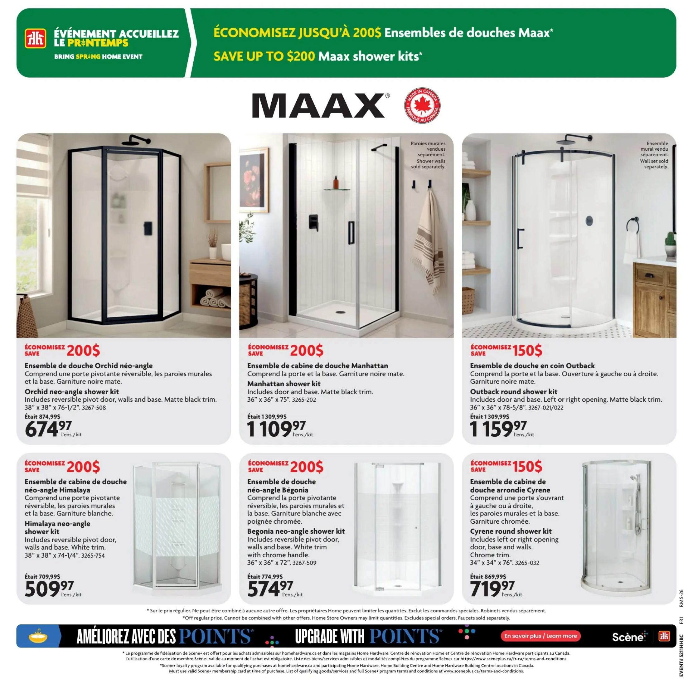 Home Hardware flyer page 20 features MAAX shower kits with savings up to $200. Featured products include the Orchid neo-angle shower kit for $674.97 (save $200), the Manhattan shower kit for $1109.97 (save $200), the Outback round shower kit for $1159.97 (save $150), the Himalaya neo-angle shower kit for $509.97 (save $200), the Begonia neo-angle shower kit for $574.97 (save $200), and the Cyrene round shower kit for $719.97 (save $150). The Orchid and Himalaya kits include a reversible pivot door, walls, and base with matte black trim and white trim respectively. The Manhattan kit includes a door and base with matte black trim. The Outback and Cyrene kits include a door and base with left or right opening and matte black or chrome trim respectively. Shower walls and faucets are sold separately. The bottom of the page promotes 'Améliorez avec des points' / 'Upgrade with Points' for the Scene+ loyalty program.
