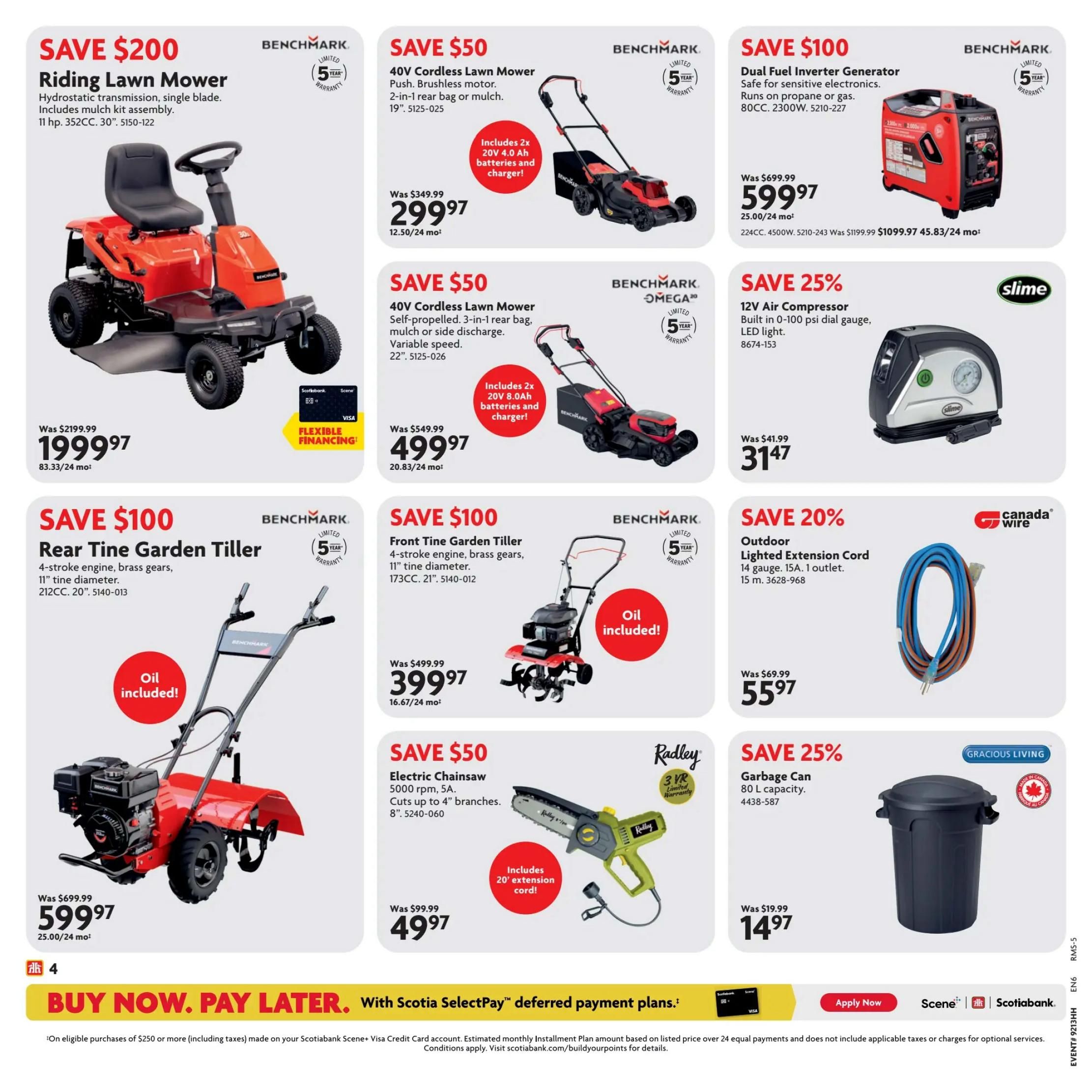 Home Hardware flyer page 7 features savings on outdoor and garden equipment. Save $200 on a Benchmark 11 hp 352CC Riding Lawn Mower for $19,9997. Save $50 on a Benchmark 40V Cordless Lawn Mower with 2 batteries and charger for $29997. Another Benchmark 40V Cordless Lawn Mower with variable speed and 22' deck is on sale for $49997. Save $100 on a Benchmark Dual Fuel Inverter Generator, 2300W, for $59997. Save 25% on a Slime 12V Air Compressor with LED light for $3147. Save $100 on a Benchmark Rear Tine Garden Tiller with a 4-stroke engine and 11' tines for $59997, includes oil. Save $50 on a Radley 8' Electric Chainsaw, 5000 rpm, 5A, cuts up to 4' branches for $4997, includes a 20' extension cord. Save 20% on a Canada Wire Outdoor Lighted Extension Cord, 15m, 14 gauge, 1 outlet for $5597. Save 25% on a Gracious Living 80 L Garbage Can for $1497. A banner at the bottom promotes 'Buy Now. Pay Later.' with Scotia SelectPay deferred payment plans.