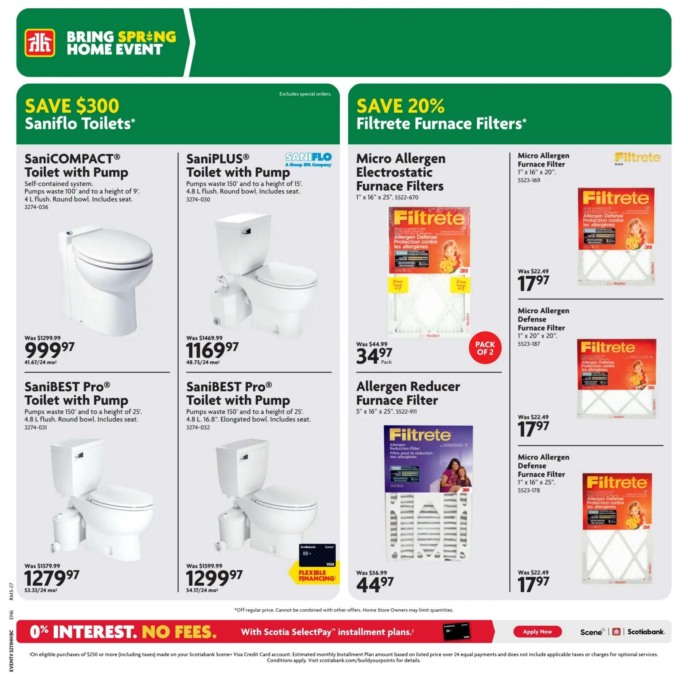 Home Hardware flyer page 23 features SaniCOMPACT Toilet with Pump for $999.97 (was $1299.97), SaniPLUS Toilet with Pump for $1169.97 (was $1469.99), SaniBEST Pro Toilet with Pump for $1279.97 (was $1579.99), and SaniBEST Pro Toilet with Pump for $1299.97 (was $1599.99). Also featured are Filtrete Micro Allergen Electrostatic Furnace Filters 1' x 16' x 20' for $34.97 (was $44.99) and Filtrete Micro Allergen Defense Furnace Filters in sizes 1' x 20' x 20' and 1' x 16' x 25' for $17.97 each (was $22.49). The page also highlights 0% interest, no fees with Scotiabank Scene+ Visa Credit Card installment plans on eligible purchases of $250 or more.