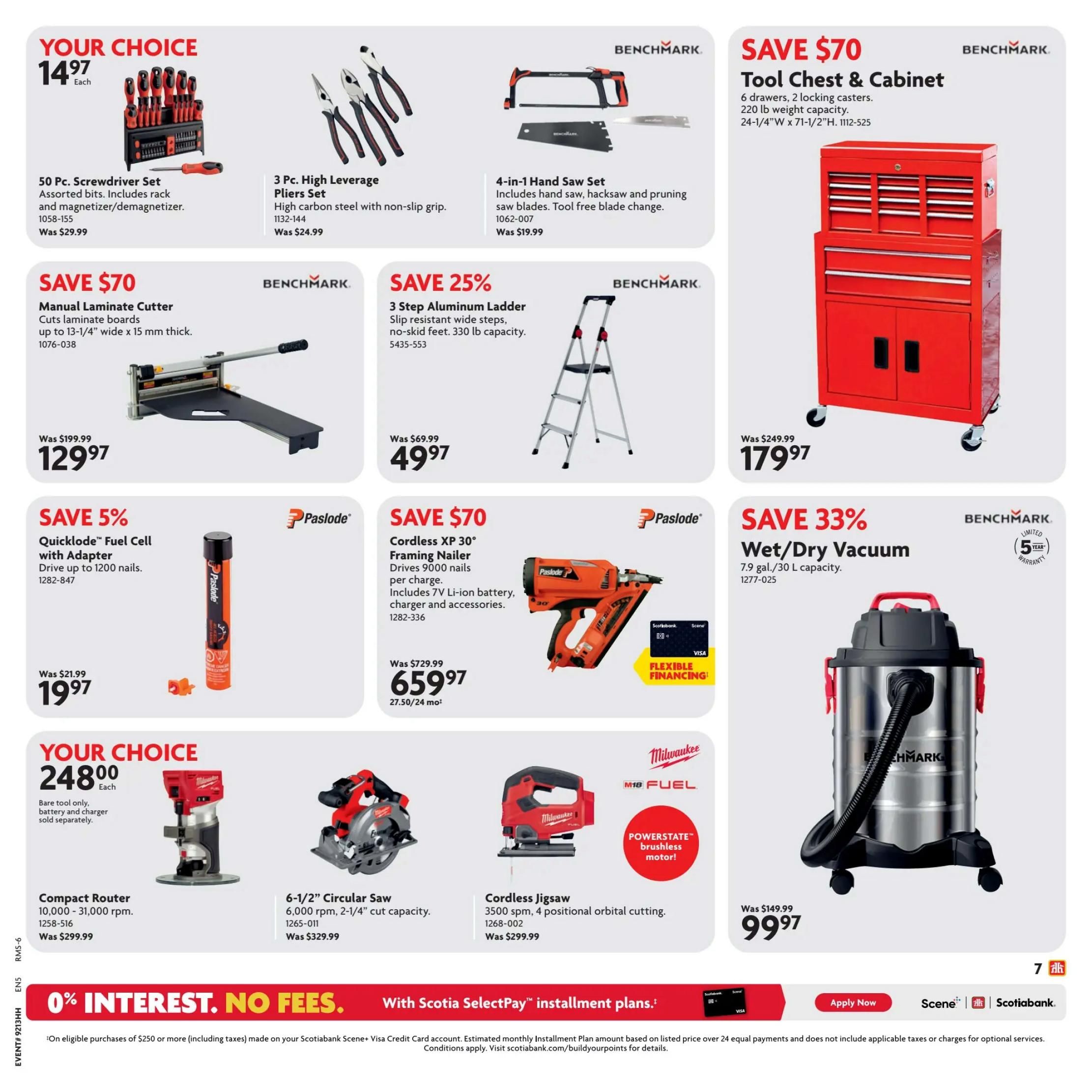 Home Hardware flyer page 12 features a selection of tools and equipment. Top row includes a 50 Pc. Screwdriver Set for $14.97, a 3 Pc. High Leverage Pliers Set for $14.97 (was $24.99), a 4-in-1 Hand Saw Set for $19.99, and a red 6-drawer Tool Chest & Cabinet for $179.97 (was $249.99). The middle row showcases a Manual Laminate Cutter for $129.97 (was $199.99), a 3 Step Aluminum Ladder for $49.97 (was $69.99), a Paslode Cordless XP 30° Framing Nailer for $659.97 (was $729.99) with flexible financing options, and a Benchmark Wet/Dry Vacuum with 5-year warranty for $99.97 (was $149.99). The bottom row highlights a Milwaukee Compact Router for $248.00, a 6-1/2' Circular Saw for $329.99, and a Milwaukee Cordless Jigsaw for $299.99. The page also promotes 0% interest and no fees with Scotiabank SelectPay installment plans on eligible purchases of $250 or more.