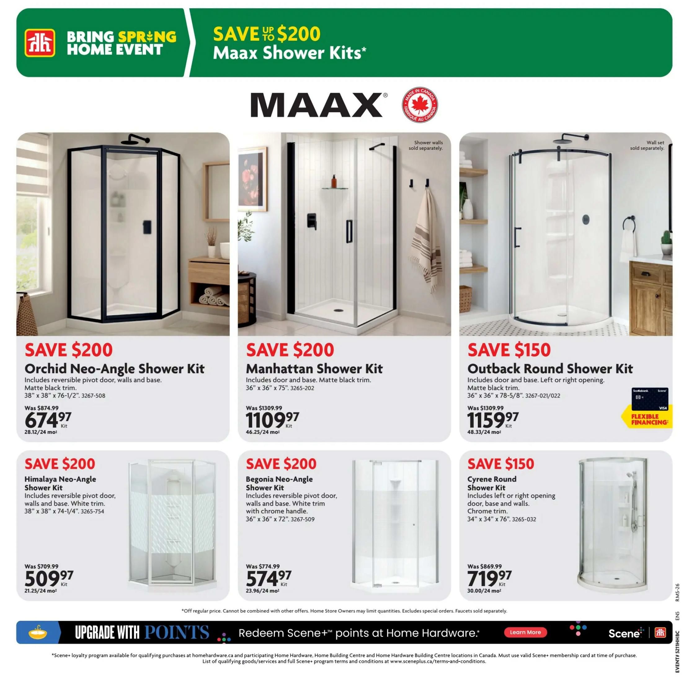 Home Hardware flyer page 22 featuring the MAAX Bring Spring Home Event with savings up to $200 on MAAX Shower Kits. Featured products include the Orchid Neo-Angle Shower Kit for $674.97 (was $874.99), the Manhattan Shower Kit for $1109.97 (was $1309.99), and the Outback Round Shower Kit for $1159.97 (was $1309.99). Also on sale is the Himalaya Neo-Angle Shower Kit for $509.97 (was $709.99), the Begonia Neo-Angle Shower Kit for $574.97 (was $774.99), and the Cyrene Round Shower Kit for $719.97 (was $869.99). All shower kits include doors and bases, with some featuring reversible pivot doors and matte black or chrome trim. The page also highlights an 'Upgrade with Points' offer to redeem Scene+ points at Home Hardware.