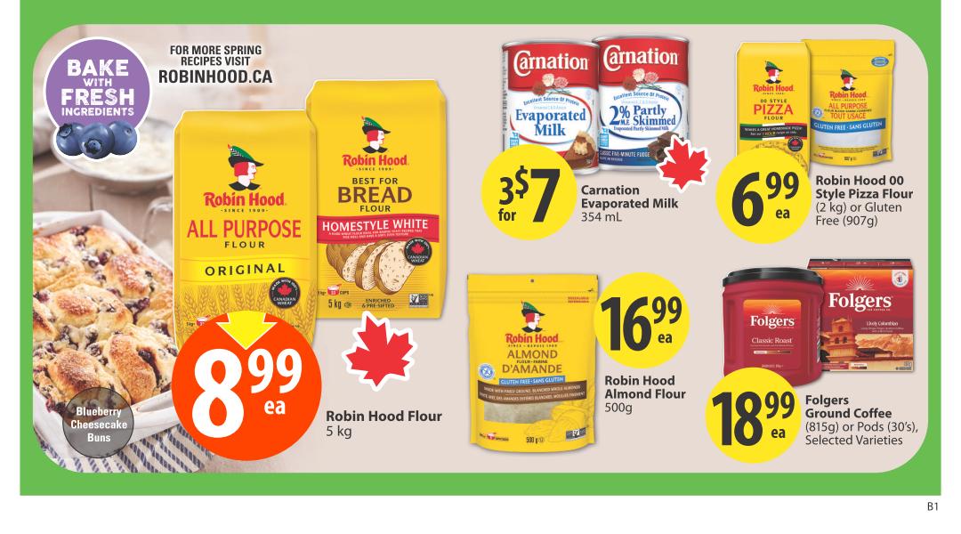 Save-On-Foods weekly flyer specials page 20 features baking ingredients and coffee. Highlights include Robin Hood All Purpose Original Flour 5 kg for $8.99, Robin Hood Best for Bread Homestyle White Flour 5 kg, and Robin Hood Almond Flour 500g for $16.99. Also featured are Carnation Evaporated Milk 354 mL at 3 for $7, Robin Hood 00 Style Pizza Flour (2 kg) or Gluten Free (907g) for $6.99 each, and Folgers Ground Coffee (815g or Pods 30's) for $18.99 each. The page also shows a picture of Blueberry Cheesecake Buns and suggests visiting Robinhood.ca for more spring recipes.
