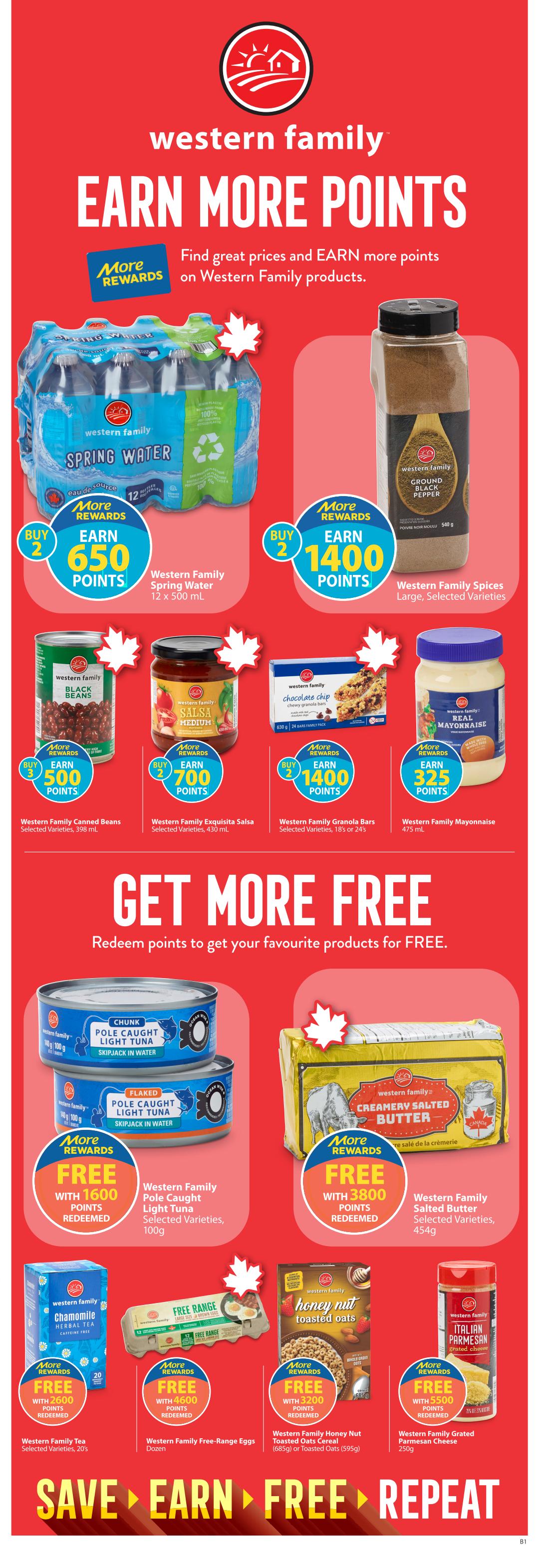Save-On-Foods flyer page 31 featuring Western Family products with 'Earn More Points' offers. Buy 2 Western Family Spring Water (12 x 500 mL) and earn 650 points. Buy 2 Western Family Spices, Large, Selected Varieties (e.g., Ground Black Pepper, 540 g) and earn 1400 points. Buy 3 Western Family Canned Beans, Selected Varieties (398 mL) and earn 500 points. Buy 2 Western Family Exquisita Salsa, Selected Varieties (430 mL) and earn 700 points. Buy 2 Western Family Granola Bars, Selected Varieties (18s or 24s) and earn 1400 points. Buy Western Family Mayonnaise, Real, 475 mL and earn 325 points. Redeem points for free products: Western Family Pole Caught Light Tuna, Selected Varieties (100 g) free with 1600 points redeemed. Western Family Salted Butter, Selected Varieties (454 g) free with 3800 points redeemed. Western Family Tea, Selected Varieties, 20s free with 2600 points redeemed. Western Family Free-Range Eggs, Dozen free with 4600 points redeemed. Western Family Honey Nut Toasted Oats Cereal (685 g) or Toasted Oats (595 g) free with 3200 points redeemed. Western Family Grated Parmesan Cheese, 250 g free with 5500 points redeemed. The page highlights 'Save, Earn, Repeat' with Western Family products.