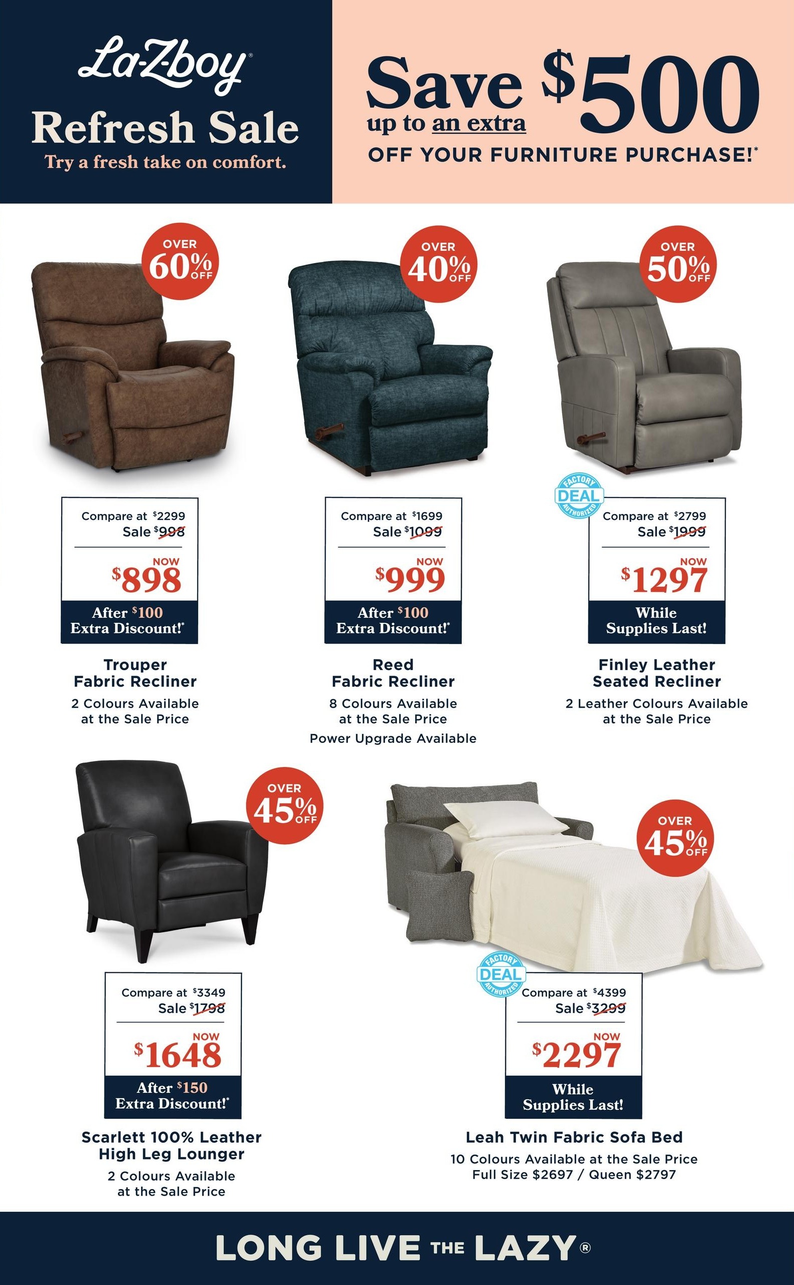 La-Z-Boy Refresh Sale page 3 features savings up to an extra $500 off furniture purchases. Featured recliners include the Trouper Fabric Recliner, originally $2299, now $898 after a $100 extra discount, available in 2 colours. The Reed Fabric Recliner is on sale for $999, down from $1699, with an additional $100 off, available in 8 colours with a power upgrade option. The Finley Leather Seated Recliner is priced at $1297, reduced from $2799, while supplies last, available in 2 leather colours. Also featured is the Scarlett 100% Leather High Leg Lounger, on sale for $1648 from $3349, with an extra $150 discount, available in 2 colours. The Leah Twin Fabric Sofa Bed is available for $2297, down from $4399, while supplies last, in Full size for $2697 or Queen size for $2797, with 10 colours available. Discounts of over 60%, 40%, 50%, and 45% off are highlighted.