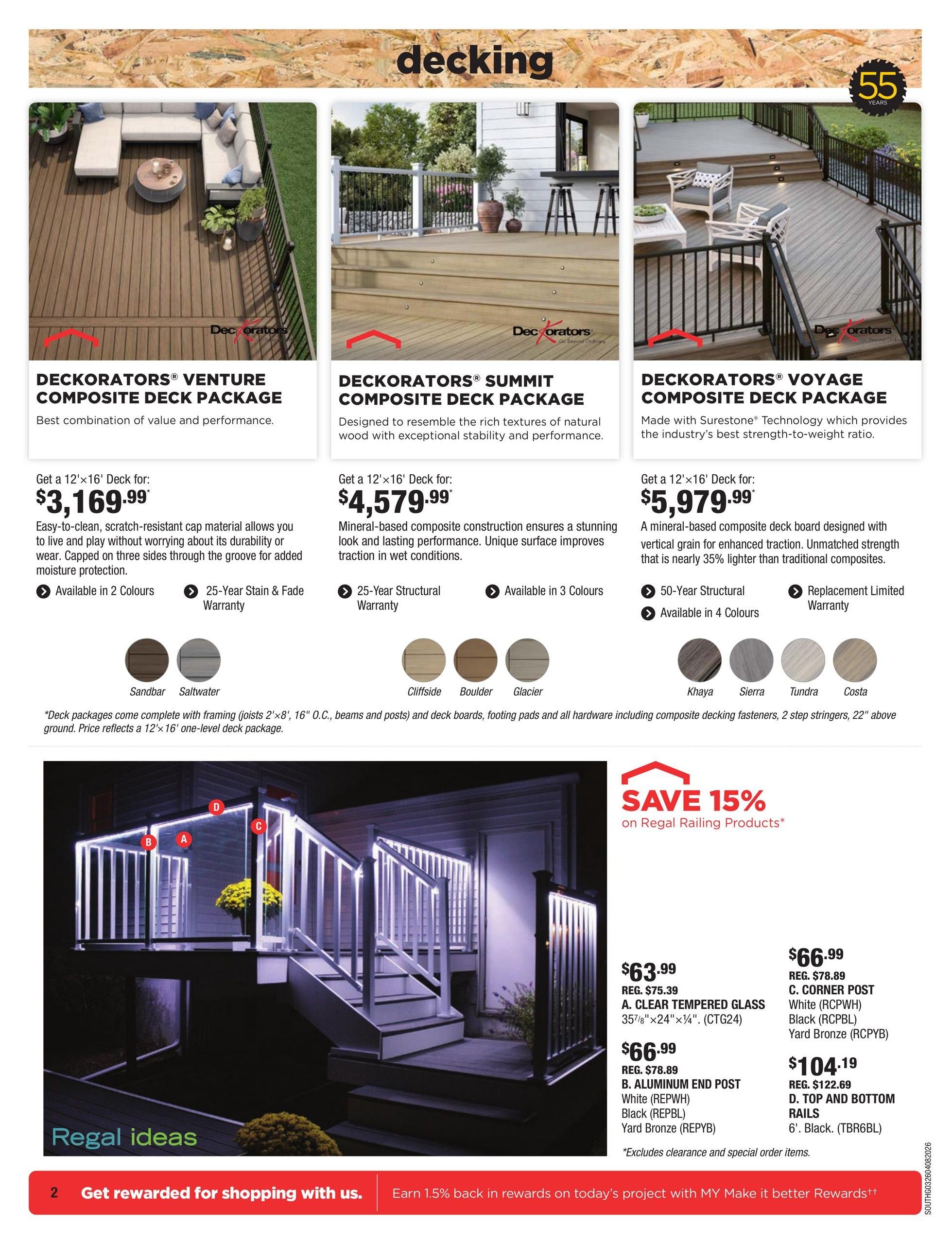 McMunn & Yates Building Supplies flyer page 2 features decking options. Three composite deck packages are showcased: DECKORATORS® VENTURE COMPOSITE DECK PACKAGE for $3,169.99, available in 2 colours with a 25-year stain & fade warranty; DECKORATORS® SUMMIT COMPOSITE DECK PACKAGE for $4,579.99, available in 3 colours with a 25-year structural warranty; and DECKORATORS® VOYAGE COMPOSITE DECK PACKAGE for $5,979.99, available in 4 colours with a 50-year structural and replacement limited warranty. The page also highlights Regal Railing Products with a 15% savings. Featured railing items include A. CLEAR TEMPERED GLASS panels for $63.99 (regular $75.39), B. ALUMINUM END POST for $66.99 (regular $78.89) in White or Yard Bronze, C. CORNER POST for $66.99 (regular $78.89) in White or Yard Bronze, and D. TOP AND BOTTOM RAILS for $104.19 (regular $122.69) in Black. The bottom banner promotes earning 1.5% back in rewards on projects.
