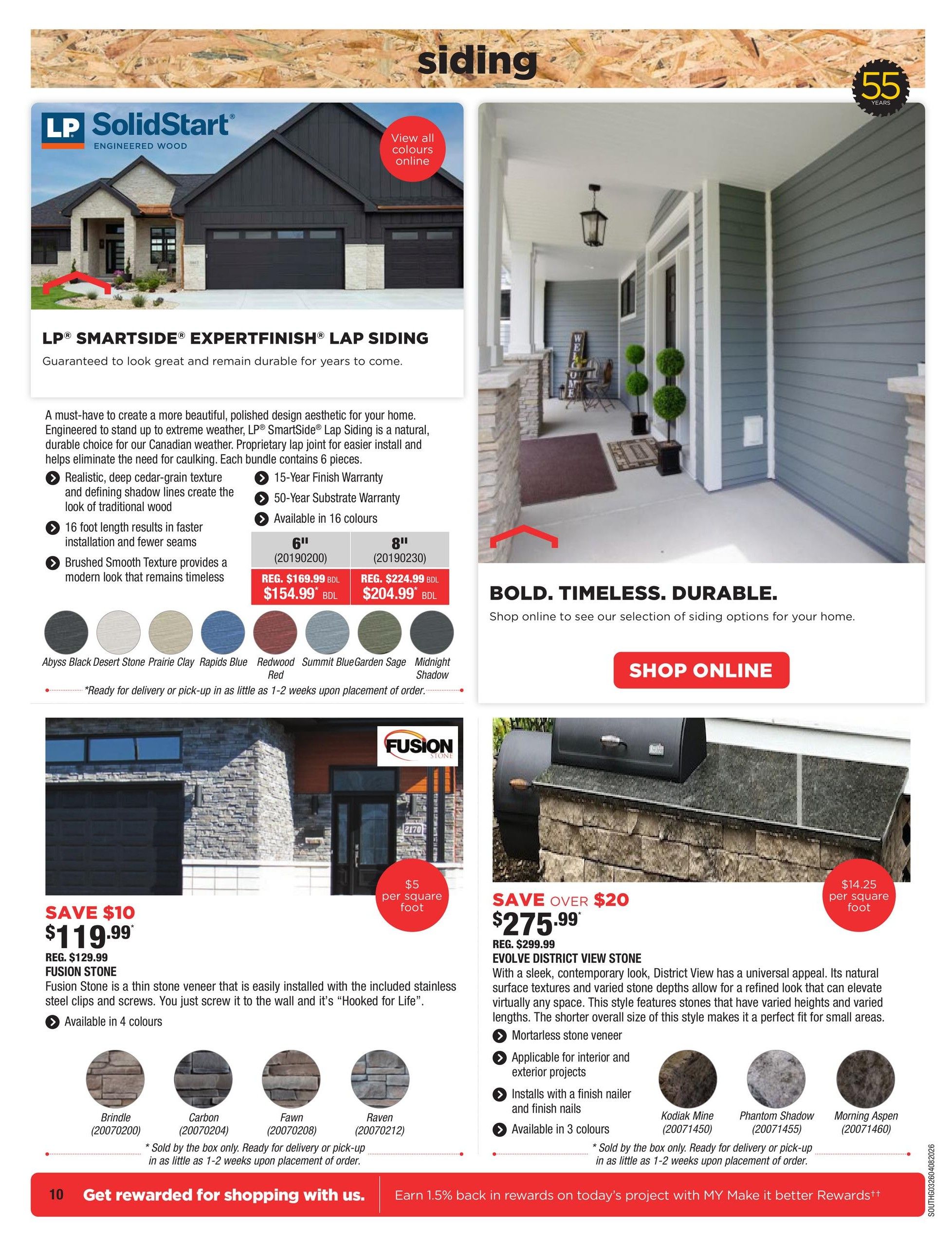 McMunn & Yates Building Supplies flyer page 10 features LP SolidStart Expertfinish Lap Siding with a 55-year warranty, available in 16 colours. The 6-inch siding is regularly $169.99, now $154.99, and the 8-inch siding is regularly $224.99, now $204.99. Featured colours include Abyss Black, Desert Stone, Prairie Clay, Rapids Blue, Redwood, Summit Blue, Garden Sage, and Midnight Shadow. Also on this page is Fusion Stone thin stone veneer, on sale for $119.99 (save $10), regularly $129.99, priced at $5 per square foot, available in 4 colours: Brindle, Carbon, Fawn, and Raven. Evolve District View Stone is on sale for $275.99 (save over $20), regularly $299.99, priced at $14.25 per square foot, available in 3 colours: Kodiak Mine, Phantom Shadow, and Morning Aspen. All stone veneer products are sold by the box and ready for delivery or pick-up in 1-2 weeks. The bottom banner advertises 'Get rewarded for shopping with us' and 'Earn 1.5% back in rewards'.