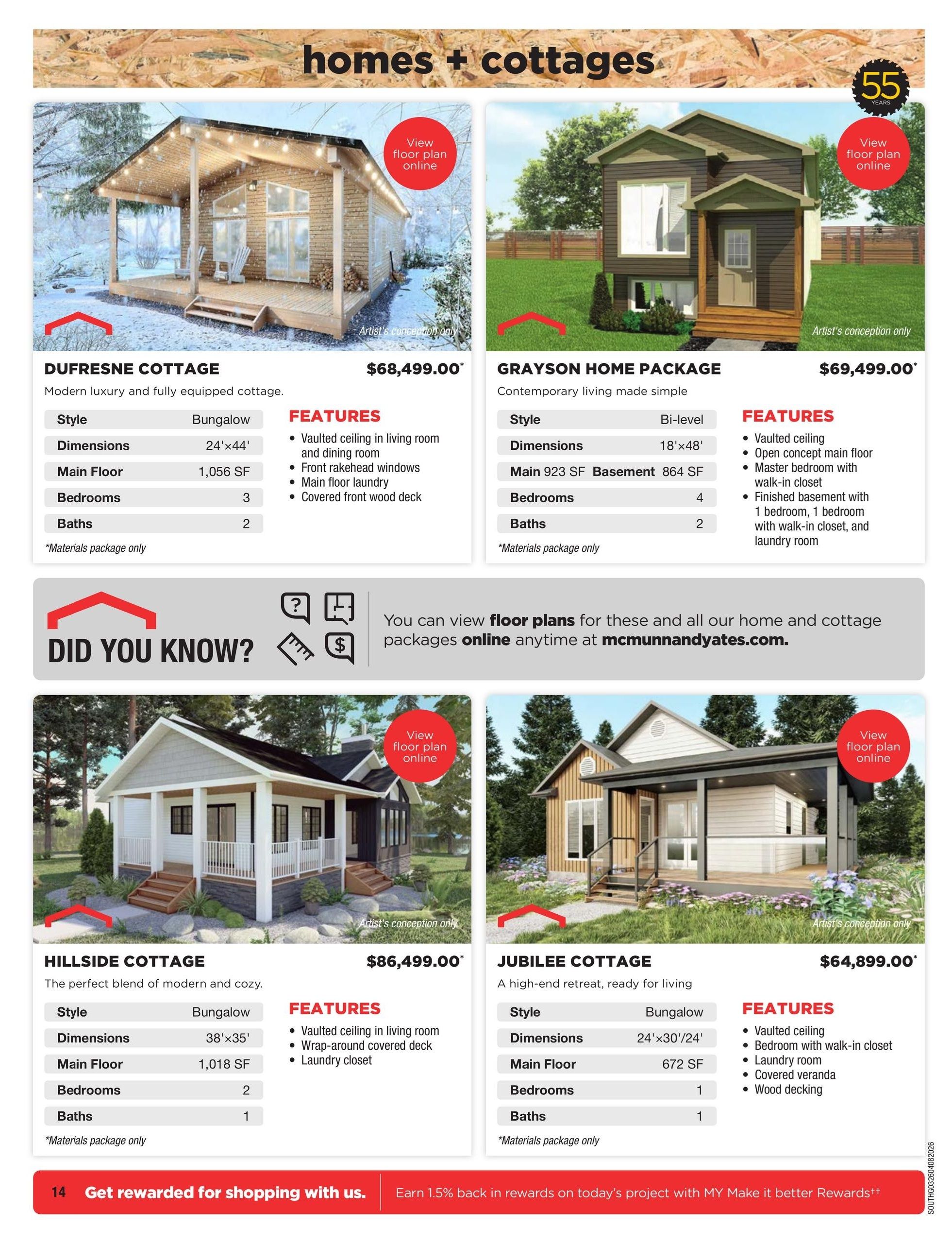 McMunn & Yates Building Supplies flyer page featuring homes and cottages. The Dufresne Cottage, a modern luxury bungalow with 3 bedrooms and 2 baths, is priced at $68,499.00. The Grayson Home Package, a contemporary bi-level home with 4 bedrooms and 2 baths, is priced at $69,499.00. The Hillside Cottage, a bungalow with 2 bedrooms and 1 bath, features a wrap-around covered deck and is priced at $86,499.00. The Jubilee Cottage, a bungalow with 1 bedroom and 1 bath, includes a wood deck and is priced at $64,899.00. All listed homes and cottages are materials package only. A 'Did You Know?' section encourages viewers to visit mcmunnandyates.com for floor plans. The bottom banner advertises earning 1.5% back in rewards with MY Make it Better Rewards.