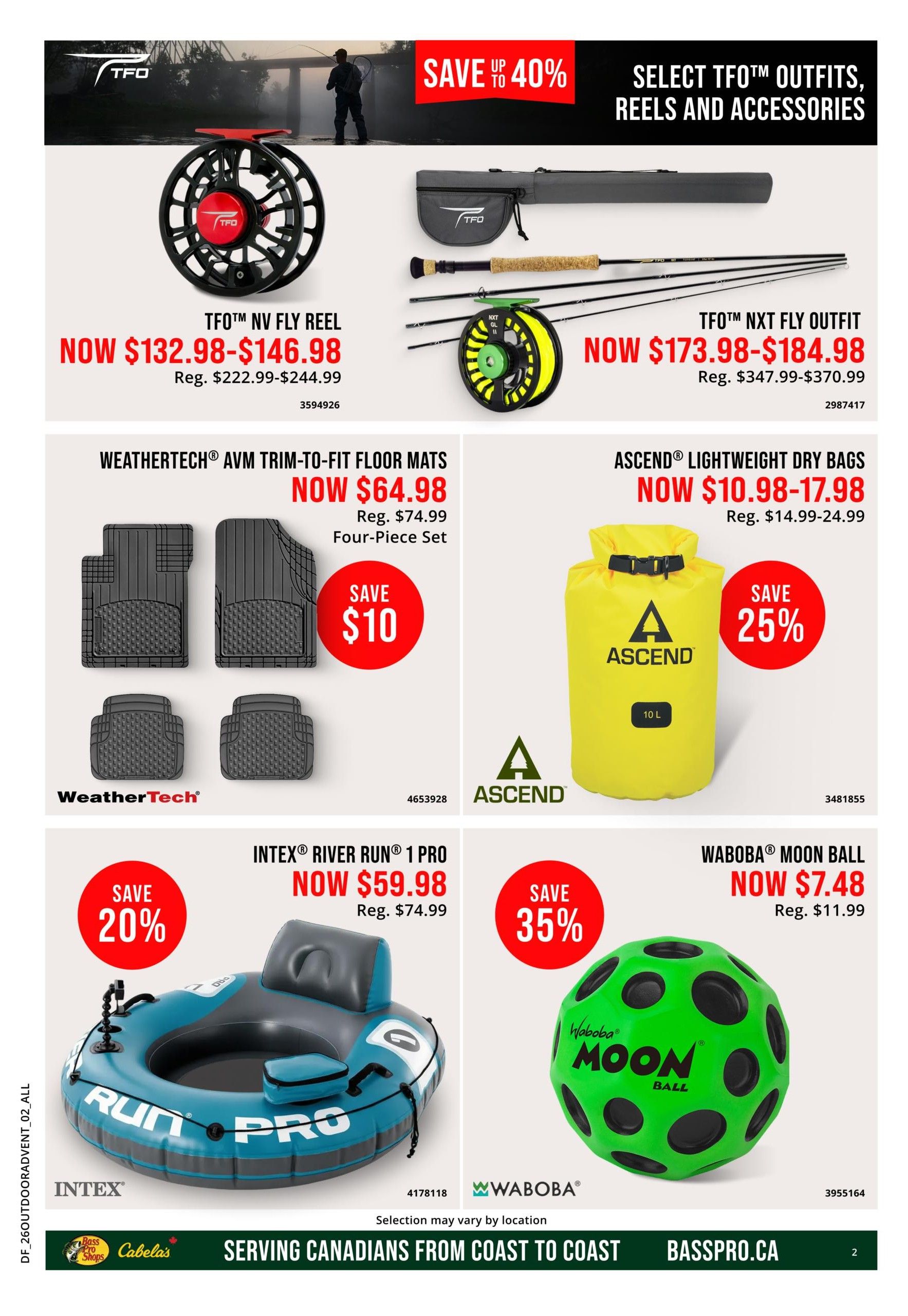 Bass Pro Shops flyer page 2 features a 'Save Up To 40%' promotion on select TFO outfits, reels, and accessories. Featured items include the TFO NV Fly Reel, now $132.98-$146.98 (regularly $222.99-$244.99), and the TFO NXT Fly Outfit, now $173.98-$184.98 (regularly $347.99-$370.99). Also available are WeatherTech AVM Trim-to-Fit Floor Mats, a four-piece set, on sale now for $64.98 (regularly $74.99) with a $10 savings. Ascend Lightweight Dry Bags are on sale for $10.98-$17.98 (regularly $14.99-$24.99), a 25% savings. The Intex River Run 1 Pro is priced at $59.98 (regularly $74.99), a 20% savings. Lastly, the Waboba Moon Ball is available for $7.48 (regularly $11.99), a 35% savings.