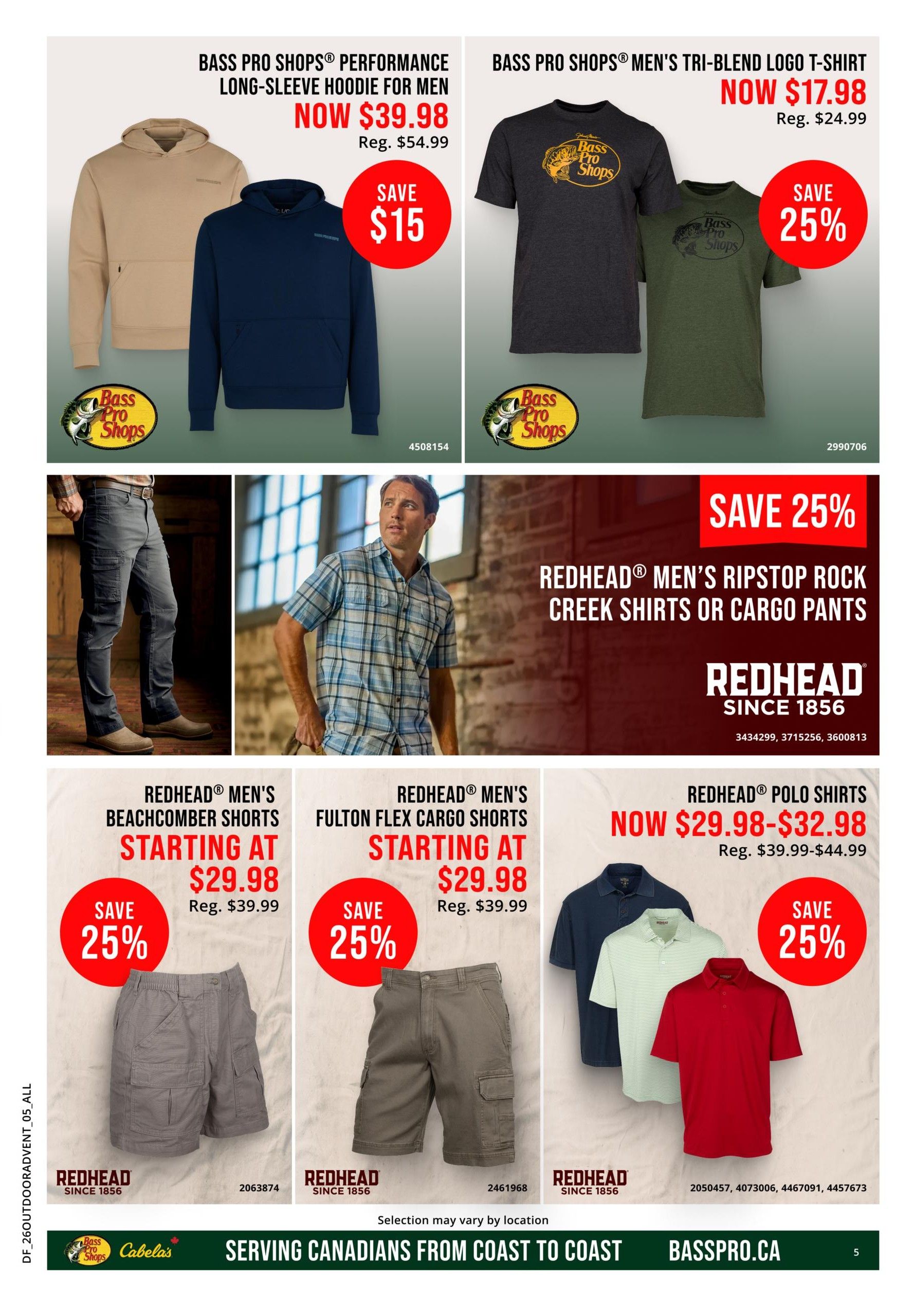 Bass Pro Shops Outdoor Adventure Sale flyer, page 5. Features Bass Pro Shops Performance Long-Sleeve Hoodie for Men now $39.98, a $15 saving from the regular price of $54.99. Also available is the Bass Pro Shops Men's Tri-Blend Logo T-Shirt for $17.98, a 25% discount from the regular price of $24.99. The page highlights Redhead Men's Ripstop Rock Creek Shirts or Cargo Pants with a 25% saving. Additionally, Redhead Men's Beachcomber Shorts are starting at $29.98 (regularly $39.99), offering a 25% saving. Redhead Men's Fulton Flex Cargo Shorts are also starting at $29.98 (regularly $39.99), with a 25% saving. Redhead Polo Shirts are now $29.98-$32.98, down from $39.99-$44.99, with a 25% saving. The flyer includes the Cabela's logo and the website Basspro.ca.
