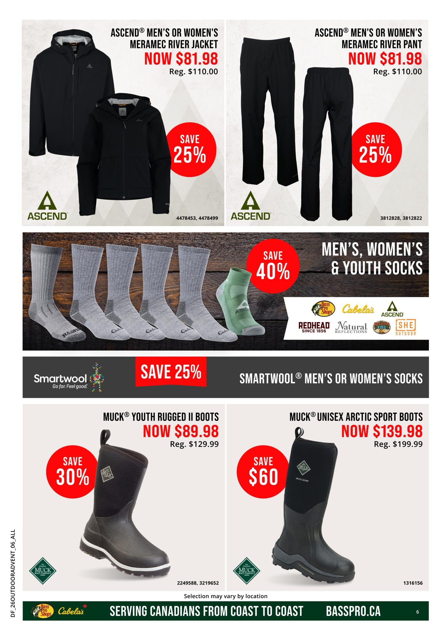 Bass Pro Shops flyer page 6 features Ascend Men's or Women's Meramec River Jacket and Pant on sale for $81.98 each, a 25% discount from the regular price of $110.00. Also featured are Men's, Women's & Youth Socks with a 40% saving. Smartwool Men's or Women's Socks are 25% off. Muck Youth Rugged II Boots are on sale for $89.98, a $30 saving from the regular price of $129.99. Muck Unisex Arctic Sport Boots are available for $139.98, saving $60 from the regular price of $199.99. The page also displays various brand logos including Ascend, Bass Pro Shops, Cabela's, Redhead, Natural Reflections, SHE Outdoor, and Muck Boot Company.
