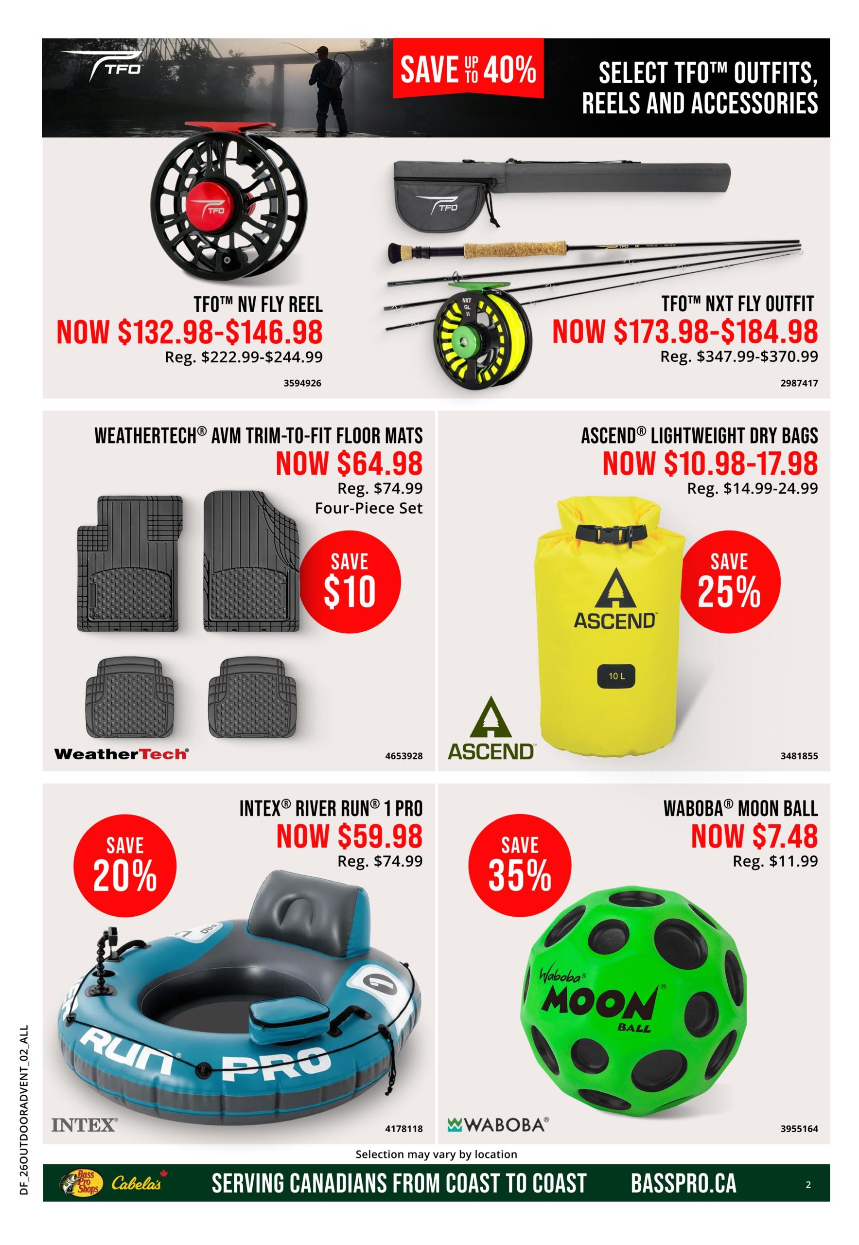 Cabela's Outdoor Adventure Sale flyer, page 2. Save up to 40% on select TFO outfits, reels, and accessories. Featured items include the TFO™ NV Fly Reel, now $132.98-$146.98 (regularly $222.99-$244.99), and the TFO™ NXT Fly Outfit, now $173.98-$184.98 (regularly $347.99-$370.99). Also available are WeatherTech® AVM Trim-to-Fit Floor Mats, a four-piece set, for $64.98 (save $10, regularly $74.99). Ascend® Lightweight Dry Bags are on sale now for $10.98-$17.98 (save 25%, regularly $14.99-$24.99). The Intex® River Run® 1 Pro is now $59.98 (save 20%, regularly $74.99). Lastly, the Waboba® Moon Ball is available for $7.48 (save 35%, regularly $11.99). The flyer also shows Cabela's and Bass Pro Shops branding, serving Canadians from coast to coast, with the website Basspro.ca.