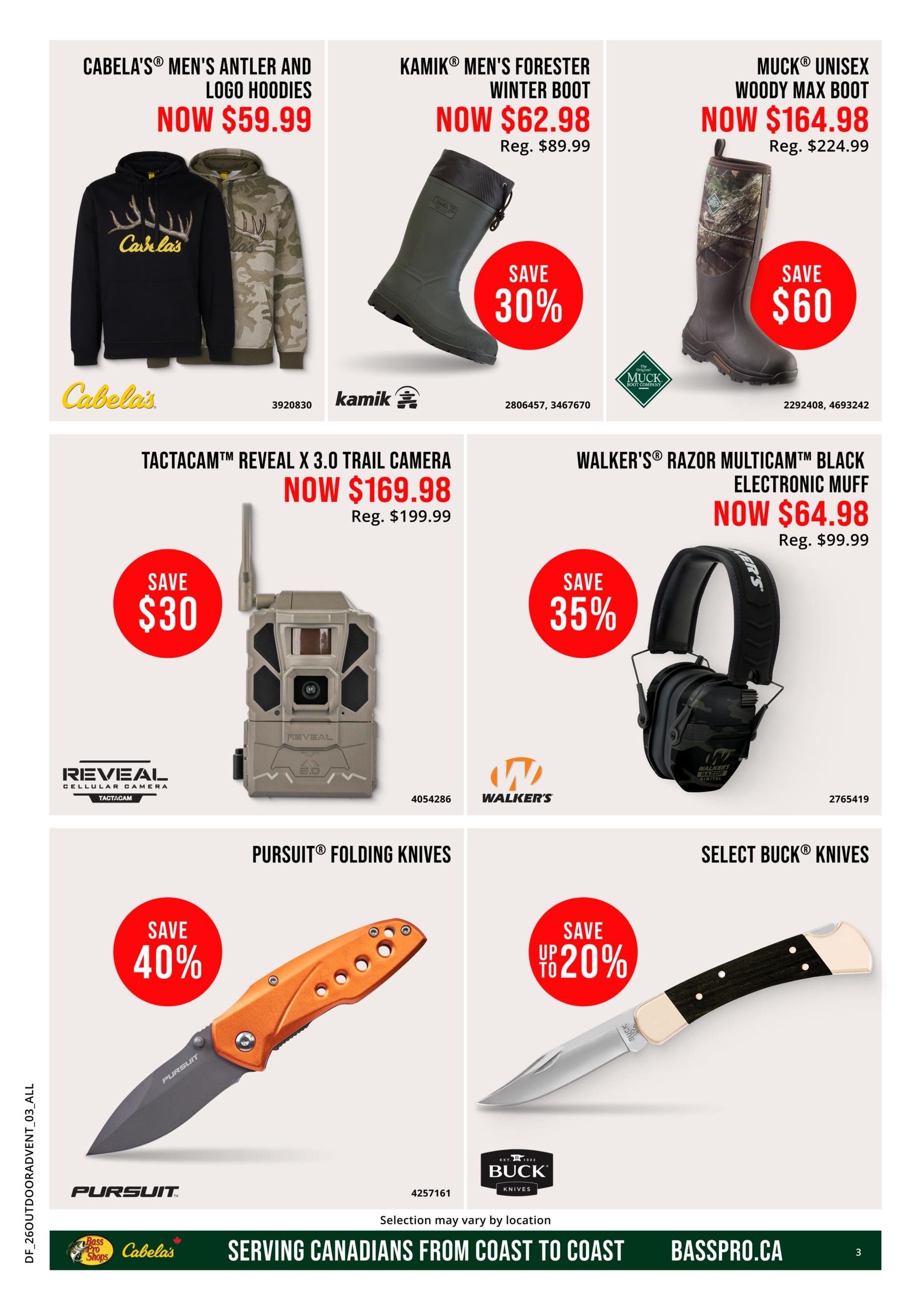 Cabela's Outdoor Adventure Sale flyer, page 3. Featured items include Cabela's Men's Antler and Logo Hoodies for $59.99, Kamik Men's Forester Winter Boots now $62.98 (regular $89.99) with a 30% saving, and Muck Unisex Woody Max Boots for $164.98 (regular $224.99), saving $60. Also available are the Tactacam Reveal X 3.0 Trail Camera for $169.98 (regular $199.99), saving $30, and Walker's Razor Multicam Black Electronic Muffs now $64.98 (regular $99.99), saving 35%. On sale are Pursuit Folding Knives with a 40% saving and Select Buck Knives with up to 20% saving.
