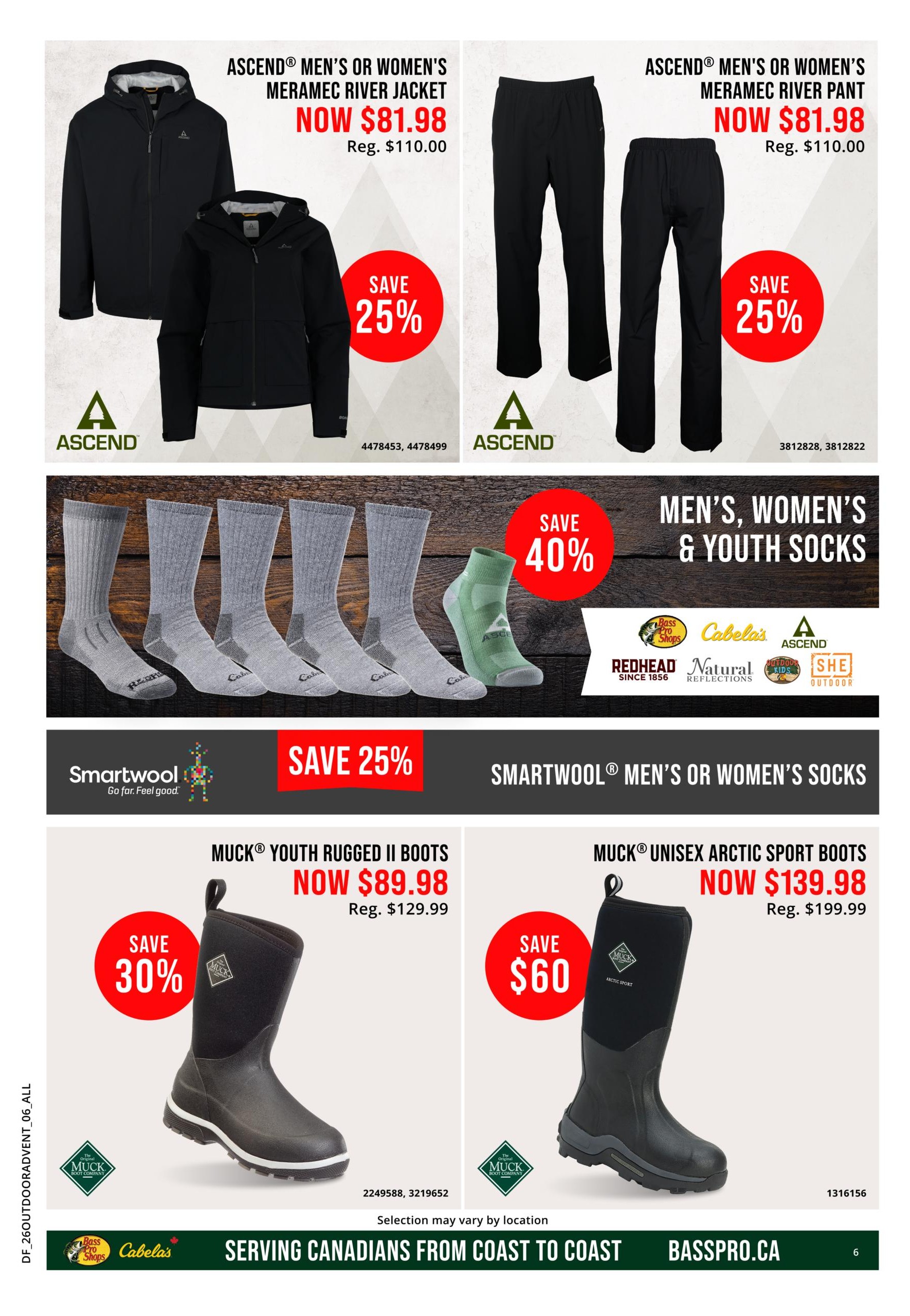 Cabela's Outdoor Adventure Sale flyer, page 6. Features Ascend Men's or Women's Meramec River Jacket and Pant, both on sale for $81.98 (regularly $110.00), a 25% discount. Also features Men's, Women's & Youth Socks with a 40% saving. Smartwool Men's or Women's Socks are 25% off. Muck Youth Rugged II Boots are on sale for $89.98 (regularly $129.99), a 30% discount. Muck Unisex Arctic Sport Boots are on sale for $139.98 (regularly $199.99), saving $60. The page includes logos for Ascend, Smartwool, Bass Pro Shops, Redhead, Natural Reflections, and SHE Outdoor.
