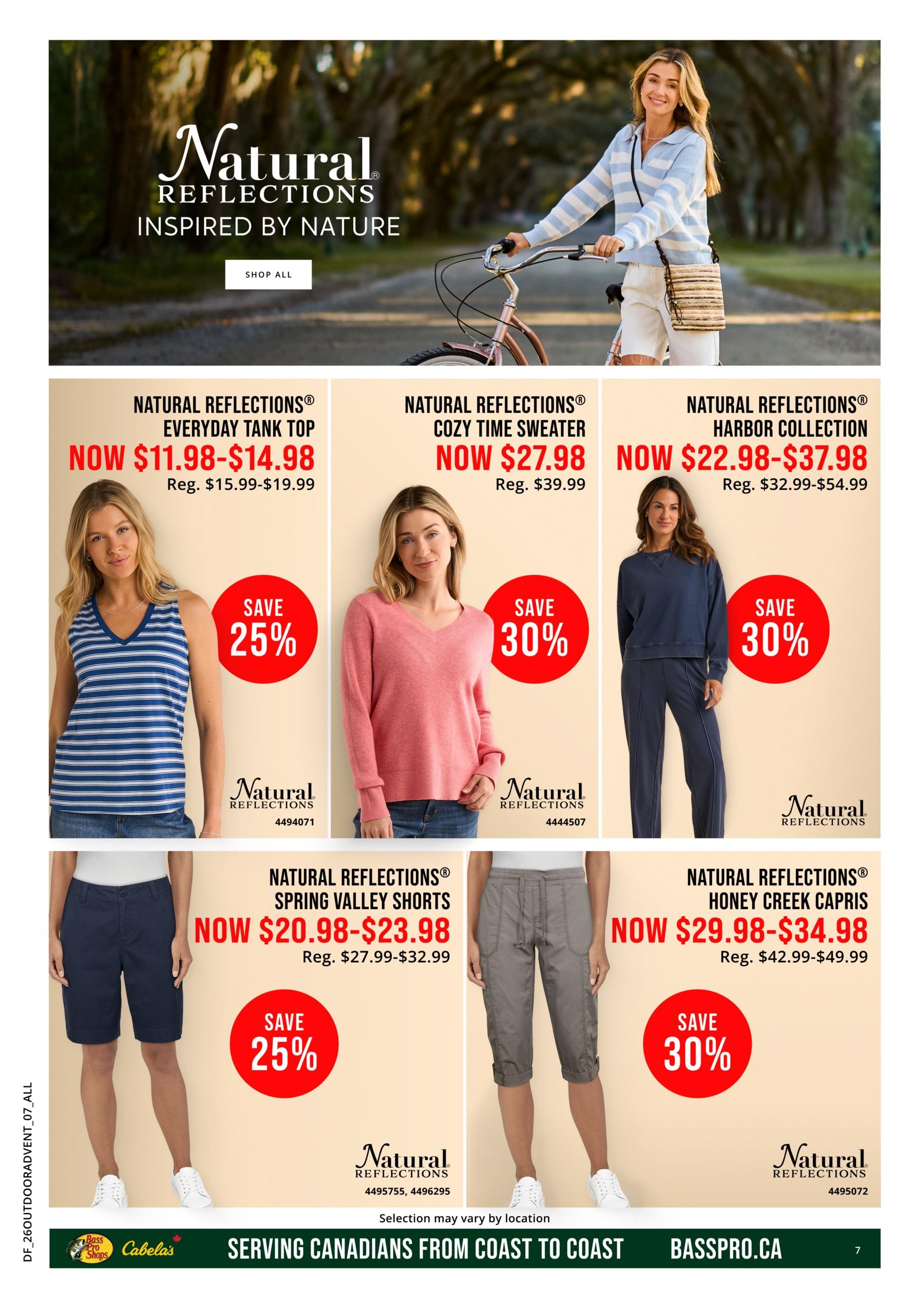 Cabela's Outdoor Adventure Sale page 7 features Natural Reflections apparel. Save 25% on Natural Reflections Everyday Tank Tops, now $11.98-$14.98 (reg. $15.99-$19.99). Save 30% on Natural Reflections Cozy Time Sweaters, now $27.98 (reg. $39.99). Save 30% on Natural Reflections Harbor Collection items, now $22.98-$37.98 (reg. $32.99-$54.99). Save 25% on Natural Reflections Spring Valley Shorts, now $20.98-$23.98 (reg. $27.99-$32.99). Save 30% on Natural Reflections Honey Creek Capris, now $29.98-$34.98 (reg. $42.99-$49.99). The page also includes a 'Shop All' button for the Natural Reflections line and features the Bass Pro Shops and Cabela's logos with the tagline 'Serving Canadians From Coast To Coast' and Basspro.ca.