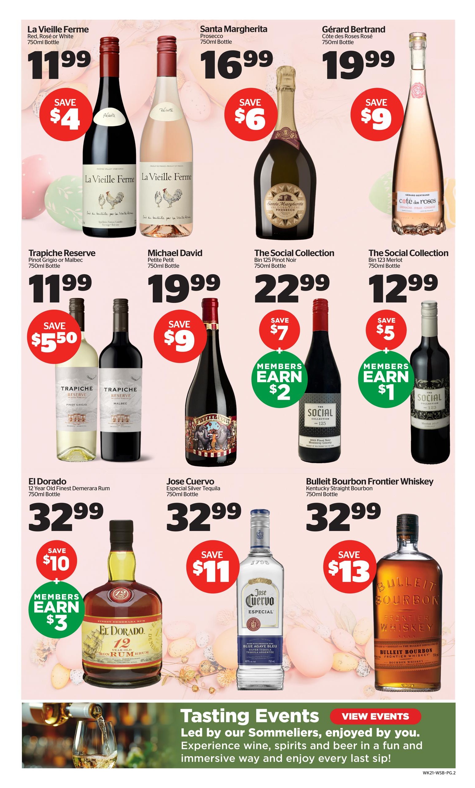 Calgary Co-op Wine Spirits Beer flyer, page 2. Featured products include La Vieille Ferme Red, Rosé or White 750ml bottle for $11.99, save $4. Santa Margherita Prosecco 750ml bottle for $16.99, save $6. Gérard Bertrand Côte des Roses Rosé 750ml bottle for $19.99, save $9. Trapiche Reserve Pinot Grigio or Malbec 750ml bottle for $11.99, save $5.50. Michael David Petite Petit 750ml bottle for $19.99, save $9. The Social Collection Bin 125 Pinot Noir 750ml bottle for $22.99, save $7 and members earn $2. The Social Collection Bin 123 Merlot 750ml bottle for $12.99, save $5 and members earn $1. El Dorado 12 Year Old Finest Demerara Rum 750ml bottle for $32.99, save $10 and members earn $3. Jose Cuervo Especial Silver Tequila 750ml bottle for $32.99, save $11. Bulleit Bourbon Frontier Whiskey Kentucky Straight Bourbon 750ml bottle for $32.99, save $13. The page also advertises Tasting Events led by sommeliers, with a 'View Events' button.