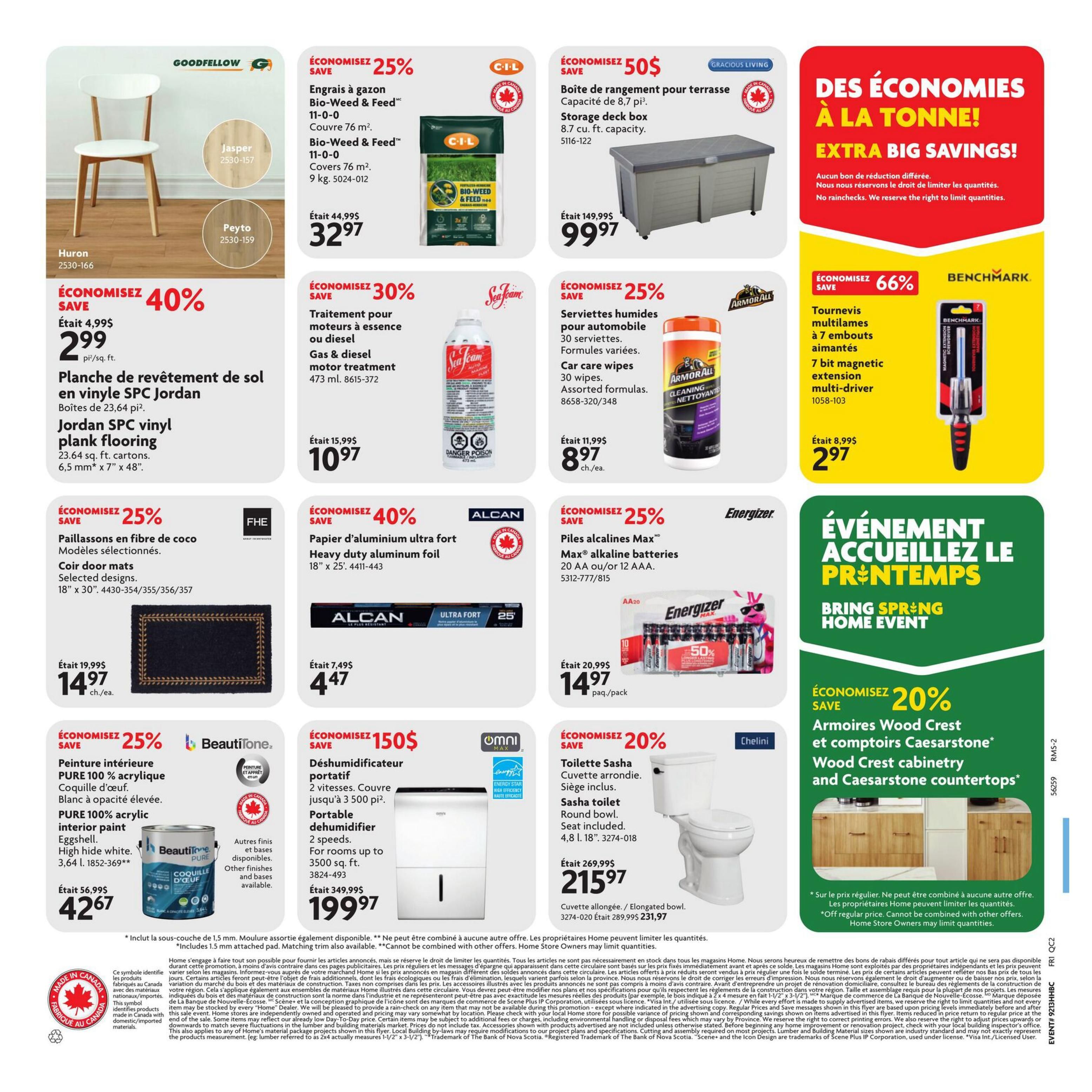 Home Hardware flyer page 2 features savings on various home improvement and maintenance products. Save 25% on Bio-Weed & Feed lawn fertilizer, now $32.97. Get 40% off Jordan SPC vinyl plank flooring for $2.99 per sq. ft. Also, save 40% on FHE coco coir door mats, priced at $14.97 each. Sea-Team gas & diesel motor treatment is 30% off, selling for $10.97. Armor All car care wipes are 25% off at $8.97. Gracious Living 8.7 cu. ft. storage deck box is $50 off, now $99.97. Benchmark 7-bit magnetic extension multi-driver is 66% off, priced at $2.97. Save 40% on Alcan heavy-duty aluminum foil, now $4.47. Energizer Max alkaline batteries are 25% off, available for $14.97 per pack. Beautitone pure 100% acrylic interior paint is 25% off, selling for $42.67. Omni portable dehumidifier is $150 off, priced at $199.97. Chelini toilet seat is 20% off, now $215.97. The flyer also highlights the 'Bring Spring Home Event' with 20% off Wood Crest cabinetry and Caesarstone countertops.