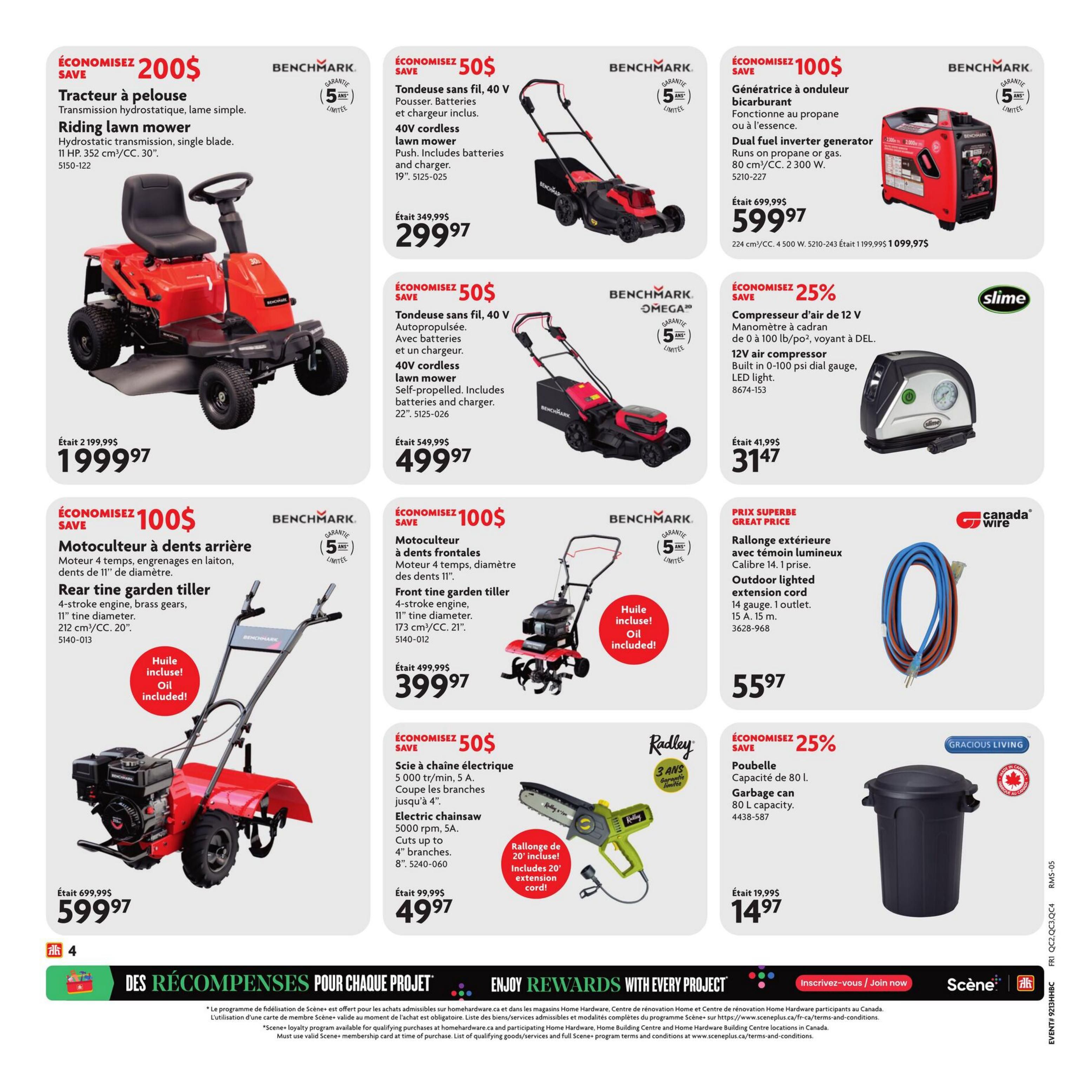 Home Hardware flyer page 5 features a variety of tools and equipment. Top left: a red Riding lawn mower with hydrostatic transmission, single blade, 11 HP, 352 cc/30', on sale for $199.97, saving $200. Next to it, a 40V cordless lawn mower (push) for $299.97, saving $50. To the right, a dual fuel inverter generator, 80 cm³/CC, 2 300 W, is priced at $599.97, saving $100. Below the generator is a 12V air compressor with a dial gauge and LED light, on sale for $31.47, saving 25%. In the middle row, a 40V cordless self-propelled lawn mower with batteries and charger is $499.97, saving $50. To its right, a front tine garden tiller with a 4-stroke engine and 11' tine diameter is $399.97, saving $100, and includes oil. On the far right, a Canada Wire outdoor lighted extension cord, 14 gauge, 1 outlet, 15 A, 15 m, is $55.97. Bottom left: an electric chainsaw, 5000 rpm, 5A, cuts up to 4' branches, 8', is $49.97, saving $50, and includes a 20' extension cord. Bottom right: a Gracious Living 80 L garbage can is $14.97, saving 25%.