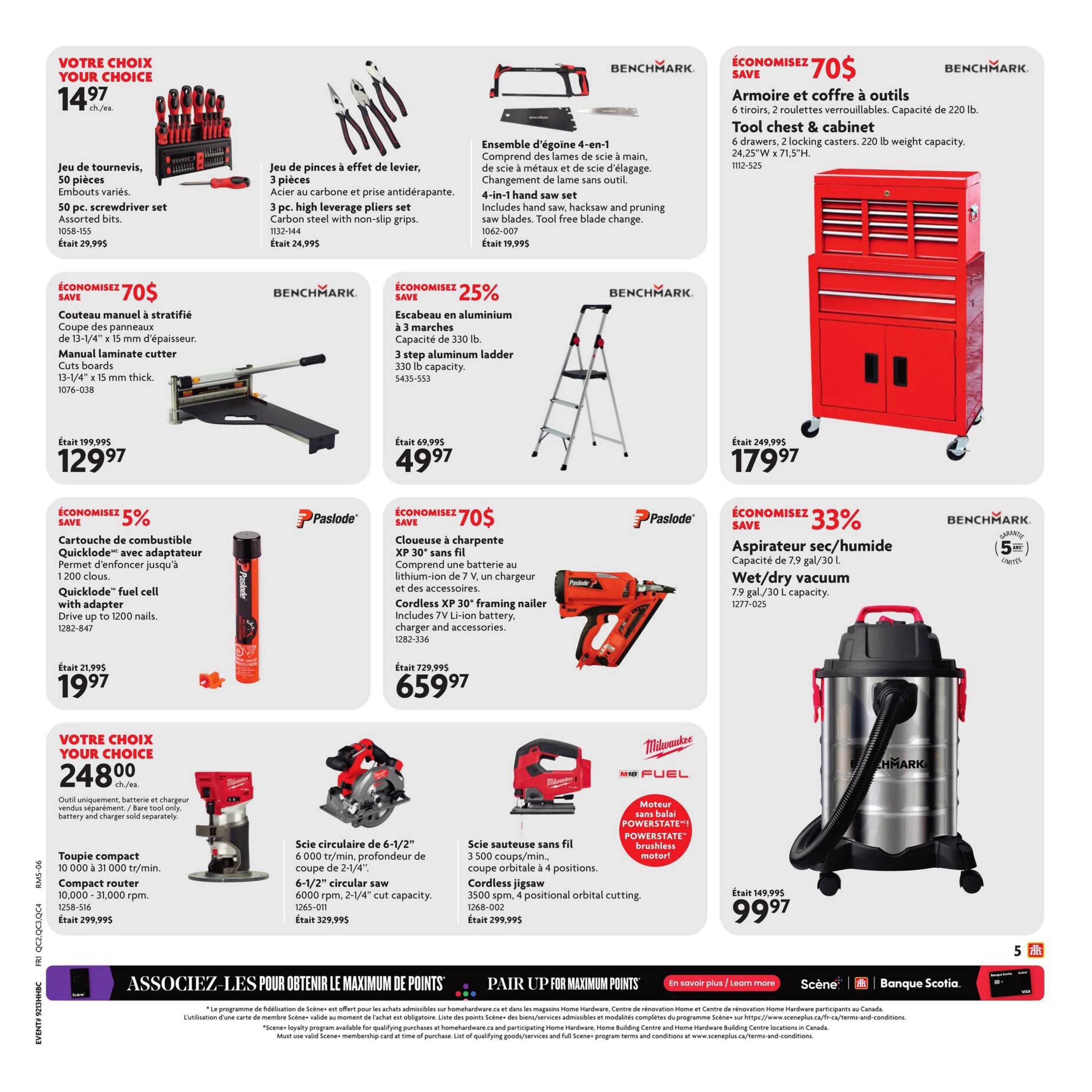 Home Hardware flyer page 10 features a variety of tools and equipment. Top row includes a 50-piece screwdriver set for $14.97, a 3-piece high leverage pliers set for $24.99, a 4-in-1 hand saw set for $19.99, and a red tool chest & cabinet with 6 drawers and 2 locking casters for $179.97, originally $249.99. Middle row showcases a manual laminate cutter for $129.97, originally $199.99, a 3-step aluminum ladder for $49.97, originally $69.99, and a cordless XP 30° framing nailer with 7V Li-ion battery, charger and accessories for $659.97, originally $729.99. The bottom section highlights a 'Your Choice' bundle for $248.00 which includes a compact router with 10,000-31,000 rpm, sold as bare tool only, battery and charger sold separately. Also featured is a 6-1/2' circular saw for $329.99, a cordless jigsaw for $99.97, originally $299.99, and a Benchmark wet/dry vacuum with 7.9 gal./30 L capacity for $99.97, originally $149.99. There is a 5% discount on a Quicklode fuel cell with adapter for $19.97, originally $21.99, and a 33% discount on the wet/dry vacuum. The bottom banner promotes 'Pair Up for Maximum Points' with Scene+ and Scotiabank.