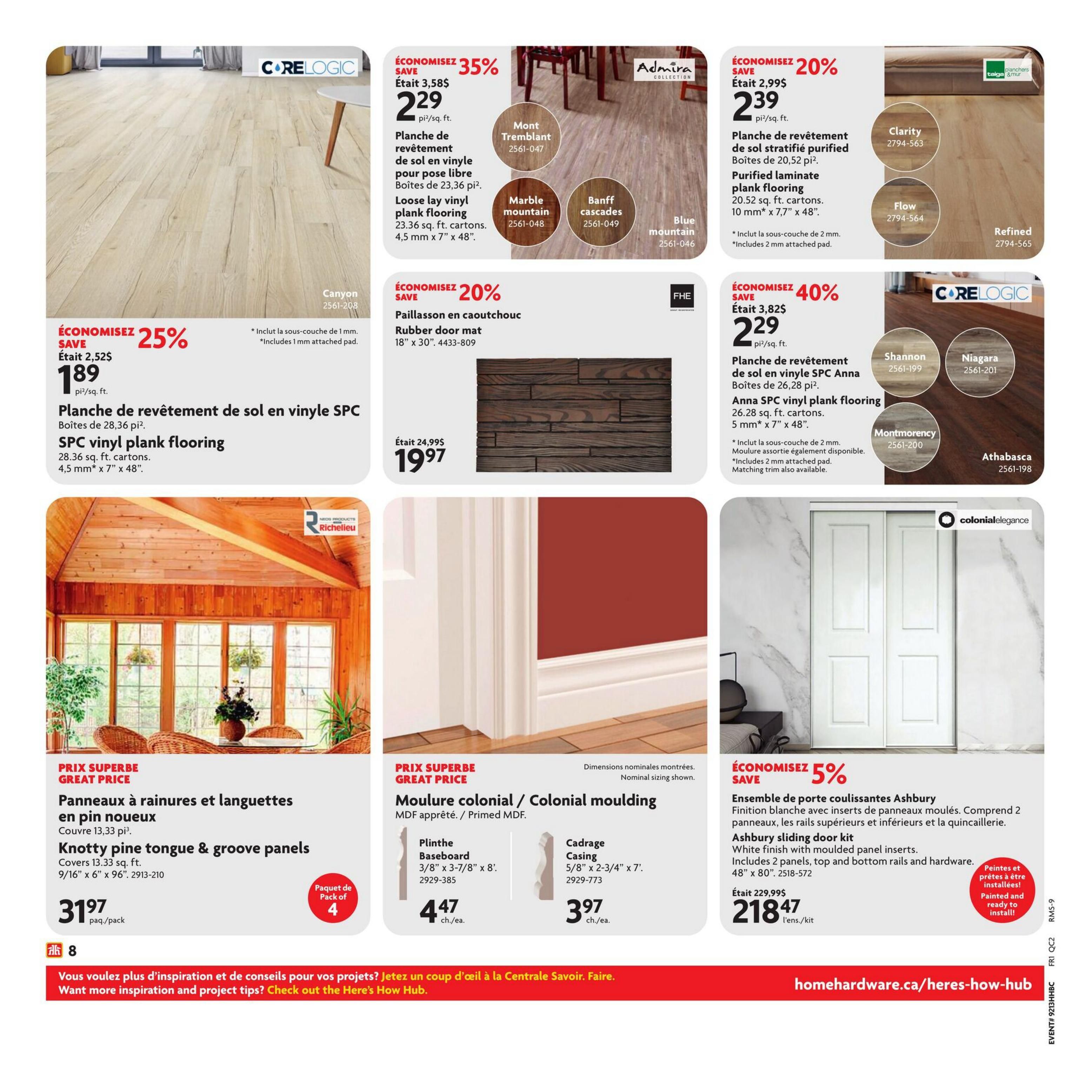 Home Hardware flyer page 13 features various home improvement products. Top row showcases CORE LOGIC loose lay vinyl plank flooring in Canyon style for $1.89 per sq. ft. (25% off), Admira Purified laminate plank flooring for $2.39 per sq. ft. (20% off), and FHE rubber door mat for $19.97. Also featured are CORE LOGIC Anna SPC vinyl plank flooring for $2.29 per sq. ft. (40% off) in Shannon, Niagara, Montmorency, and Athabasca styles. The bottom section highlights Knotty pine tongue & groove panels for $31.97 per pack of 4, Colonial moulding in Primed MDF for $4.47 each for plinth baseboard and $3.97 each for casing, and the Ashbury sliding door kit for $218.47 (5% off), which includes 2 panels and hardware. The page also includes a call to action to visit homehardware.ca/heres-how-hub for inspiration and project tips.