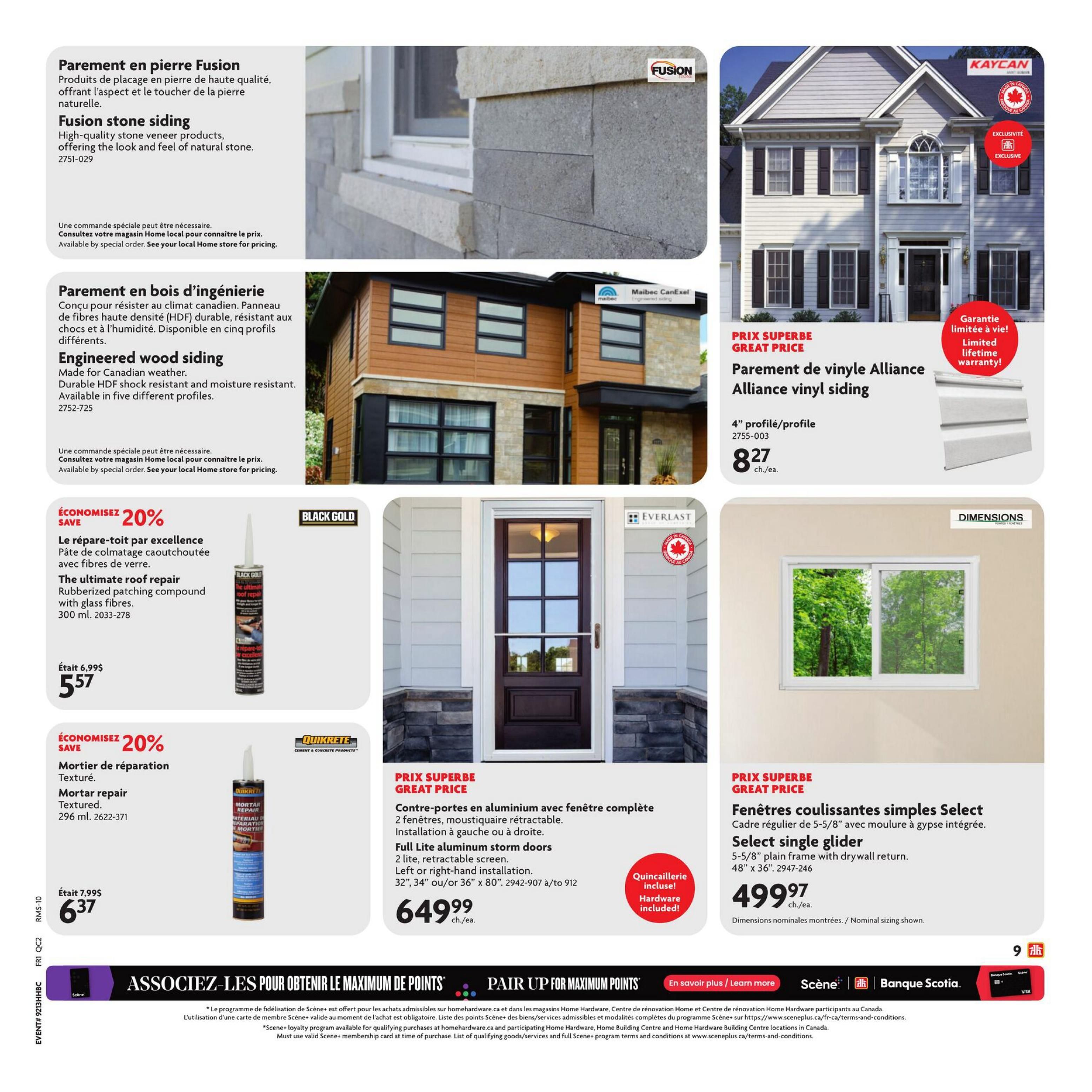 Page 14 of the Home Hardware flyer features building materials and home improvement products. It showcases Fusion stone siding, offering the look and feel of natural stone. Engineered wood siding, made for Canadian weather, is also featured, described as durable and moisture-resistant. Black Gold brand ultimate roof repair, a rubberized patching compound with glass fibres (300 ml), is on sale for $5.57, down from $6.99, a 20% saving. Quikrete textured mortar repair is also 20% off, priced at $6.37, down from $7.99. For exterior doors, there are Full Lite aluminum storm doors with a retractable screen, available for left or right-hand installation in sizes 32' or 36' or 80', priced at $649.99 each, with hardware included. Alliance vinyl siding is highlighted as a great price at $8.27 per profile. Select single glider windows, with a 5-5/8' plain frame and drywall return, in size 48' x 36', are available for $499.97 each. The bottom of the page promotes 'Pair Up for Maximum Points' with Scene+ and Scotiabank.