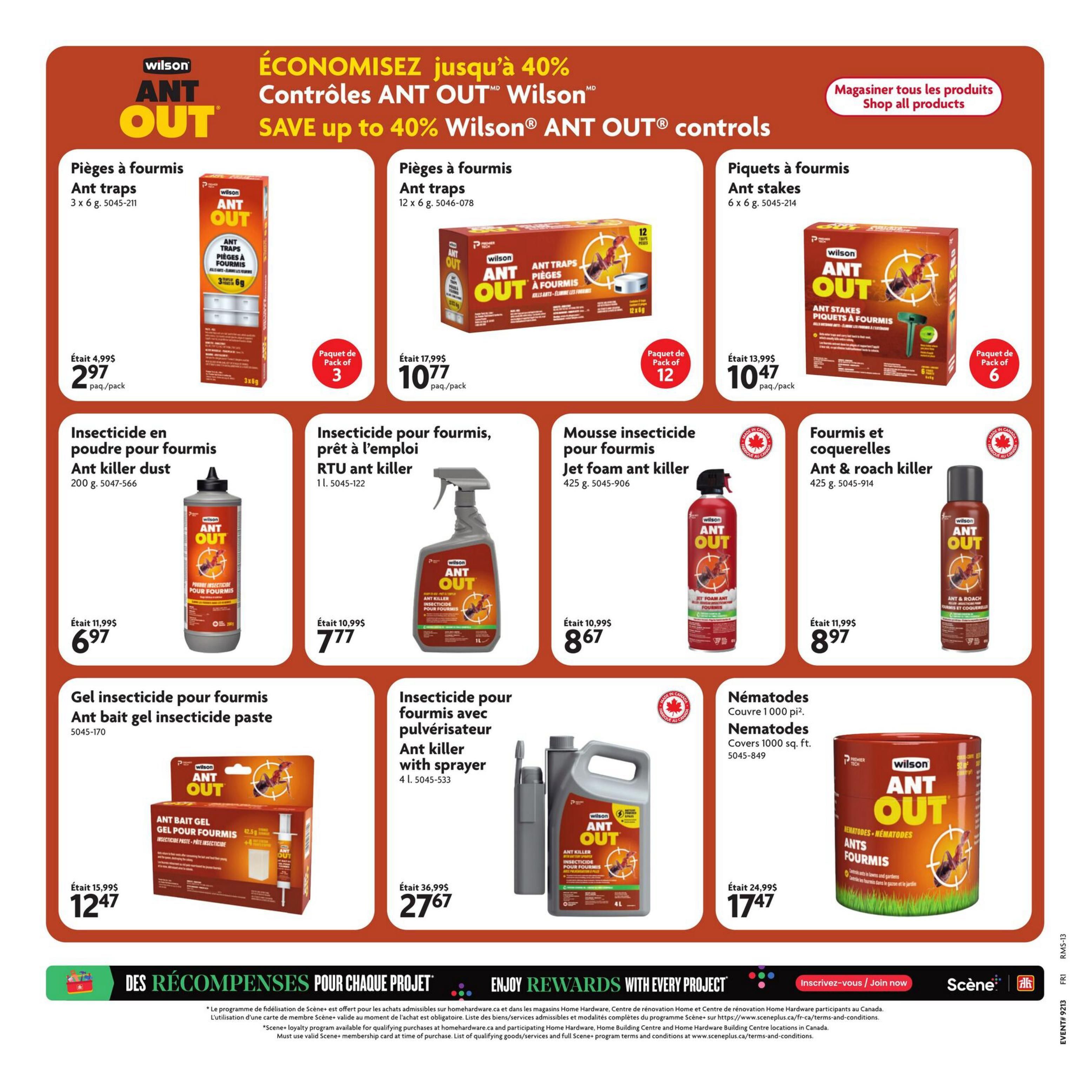 Home Hardware flyer page 17 featuring Wilson Ant Out pest control products. Save up to 40% on select items. Products include Ant traps (3-pack for $2.97, 12-pack for $10.77), Ant stakes (6-pack for $10.47), Ant killer dust (200g for $6.97), RTU ant killer spray (1L for $7.77), Jet foam ant killer (425g for $8.67), Ant & roach killer (425g for $8.97), Ant bait gel insecticide paste (for $12.47), Ant killer with sprayer (4L for $27.67), and Nematodes (covers 1000 sq. ft. for $17.47). The page also includes a 'Shop all products' button and information about the Scene+ rewards program.