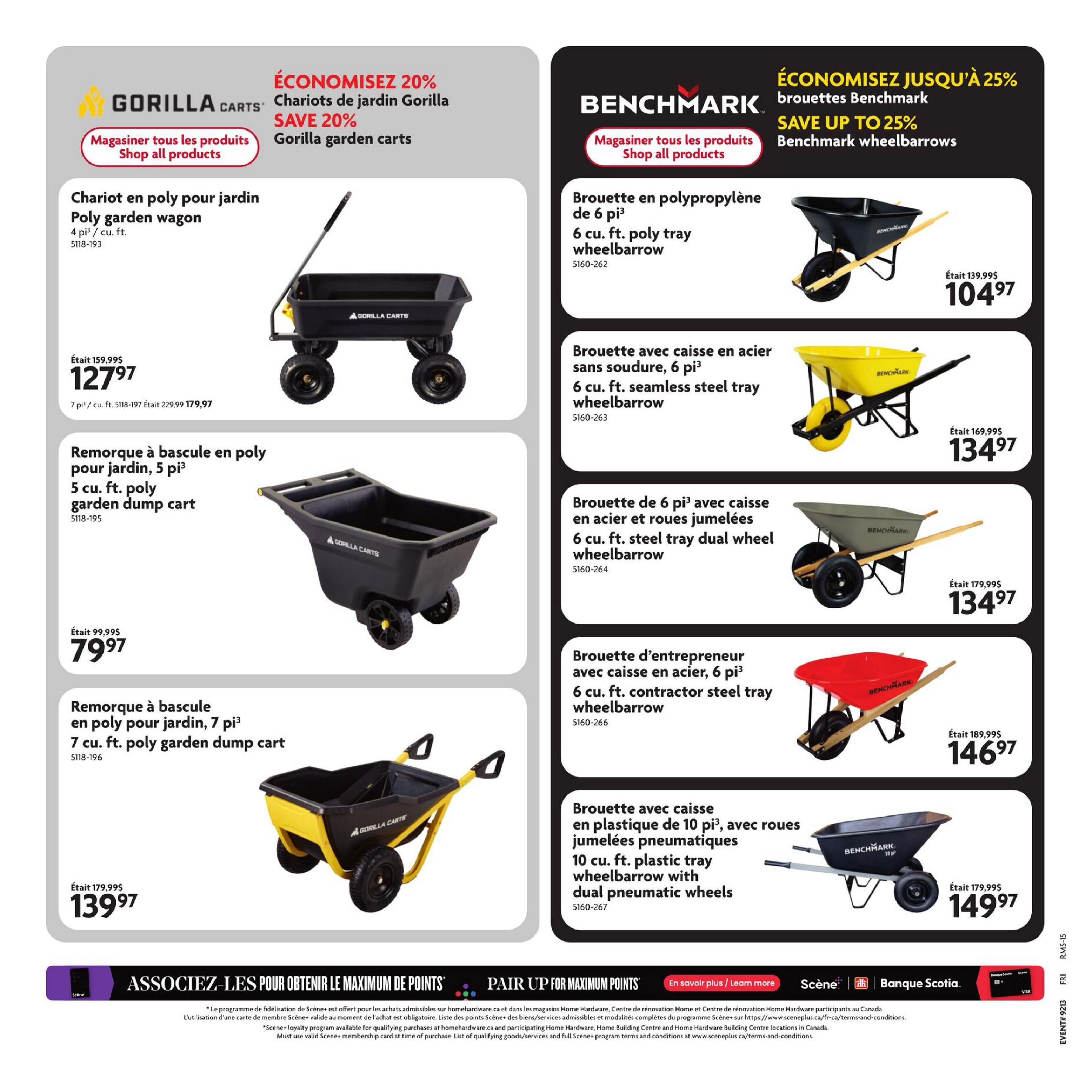 Home Hardware flyer page 19 featuring Gorilla Carts and Benchmark wheelbarrows. Save 20% on Gorilla garden carts. Featured Gorilla Carts include the Poly garden wagon, 4 cu. ft. for $127.97 (was $159.99), and the 5 cu. ft. poly garden dump cart for $79.97 (was $99.99), and the 7 cu. ft. poly garden dump cart for $139.97 (was $179.99). Save up to 25% on Benchmark wheelbarrows. Featured Benchmark wheelbarrows include the 6 cu. ft. poly tray wheelbarrow for $104.97 (was $139.99), the 6 cu. ft. seamless steel tray wheelbarrow for $134.97 (was $169.99), the 6 cu. ft. steel tray dual wheel wheelbarrow for $134.97 (was $179.99), the 6 cu. ft. contractor steel tray wheelbarrow for $146.97 (was $189.99), and the 10 cu. ft. plastic tray wheelbarrow with dual pneumatic wheels for $149.97 (was $179.99). The bottom of the page promotes 'Pair Up for Maximum Points' with Scene+ and Scotiabank.