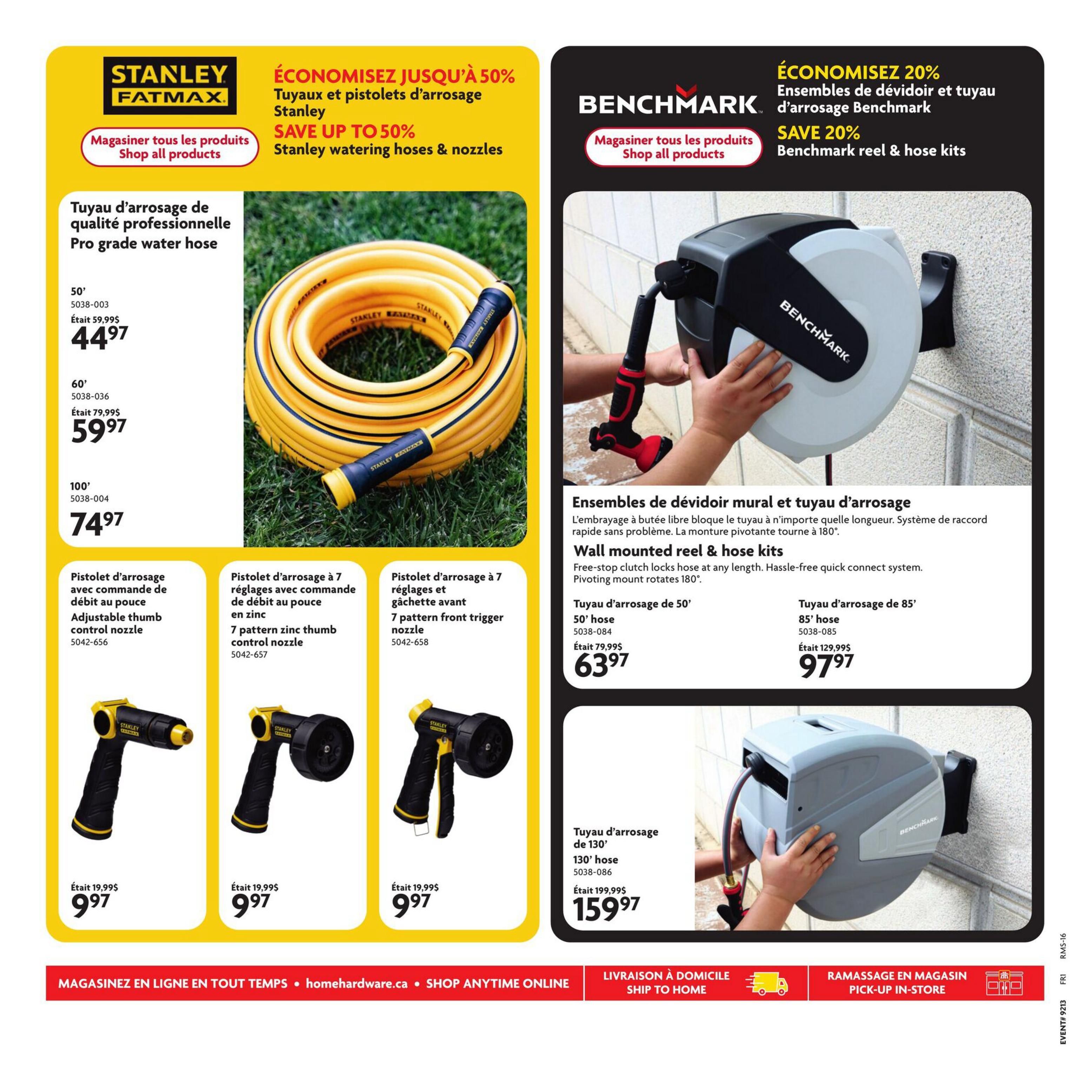 Home Hardware flyer page 20 features Stanley Fatmax and Benchmark products. Save up to 50% on Stanley watering hoses and nozzles. Featured Stanley Pro-grade water hoses: 50' for $44.97 (was $59.99), 60' for $59.97 (was $79.99), and 100' for $74.97. Also available are Stanley watering nozzles: Adjustable thumb control nozzle for $9.97 (was $19.99), and a 7 pattern front trigger nozzle for $9.97 (was $19.99). On the right, save 20% on Benchmark reel & hose kits. The wall-mounted reel & hose kits feature a free-stop clutch and pivoting mount. Available Benchmark hoses: 50' for $63.97 (was $79.99), and 85' for $97.97 (was $129.99). A 130' hose is also featured for $159.97 (was $199.99). Shop online anytime at homehardware.ca for delivery or pick-up in-store.