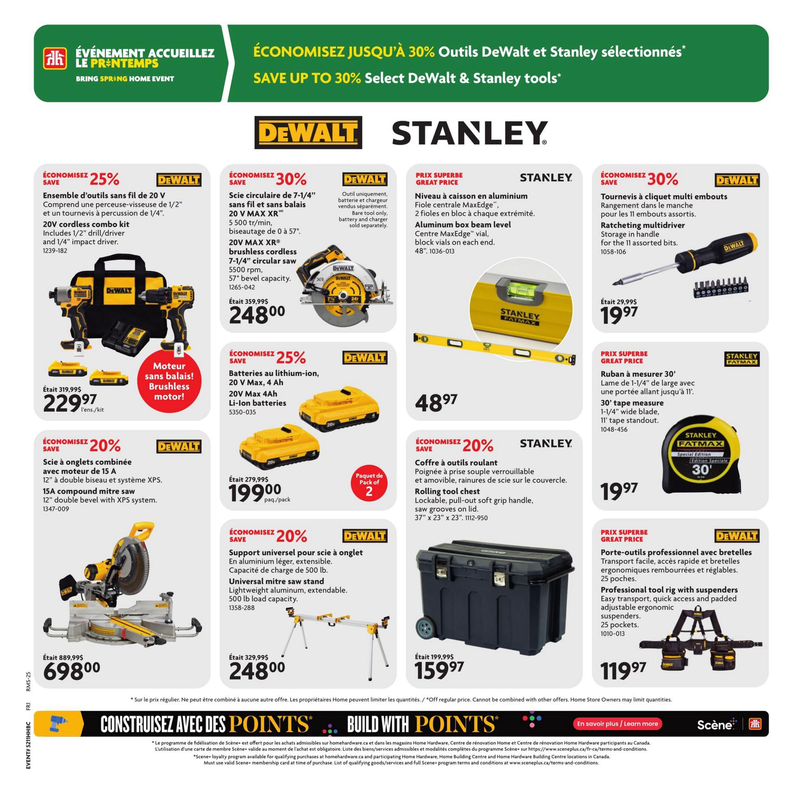 Home Hardware flyer page 21 featuring a Spring Home Event with up to 30% off select DeWalt and Stanley tools. Deals include a DeWalt 20V cordless combo kit with drill/driver and impact driver for $229.97, a DeWalt 20V MAX XR brushless cordless 7-1/4' circular saw for $248.00, and a DeWalt 15A compound mitre saw for $698.00. Also available are DeWalt 20V MAX 4Ah Li-ion batteries (2 pack) for $199.00, a DeWalt universal mitre saw stand for $248.00, and a DeWalt professional tool rig with suspenders for $119.97. Stanley offers include an aluminum box beam level for $48.97, a rolling tool chest for $159.97, and a 30' tape measure for $19.97. The flyer also promotes the 'Build with Points' program.