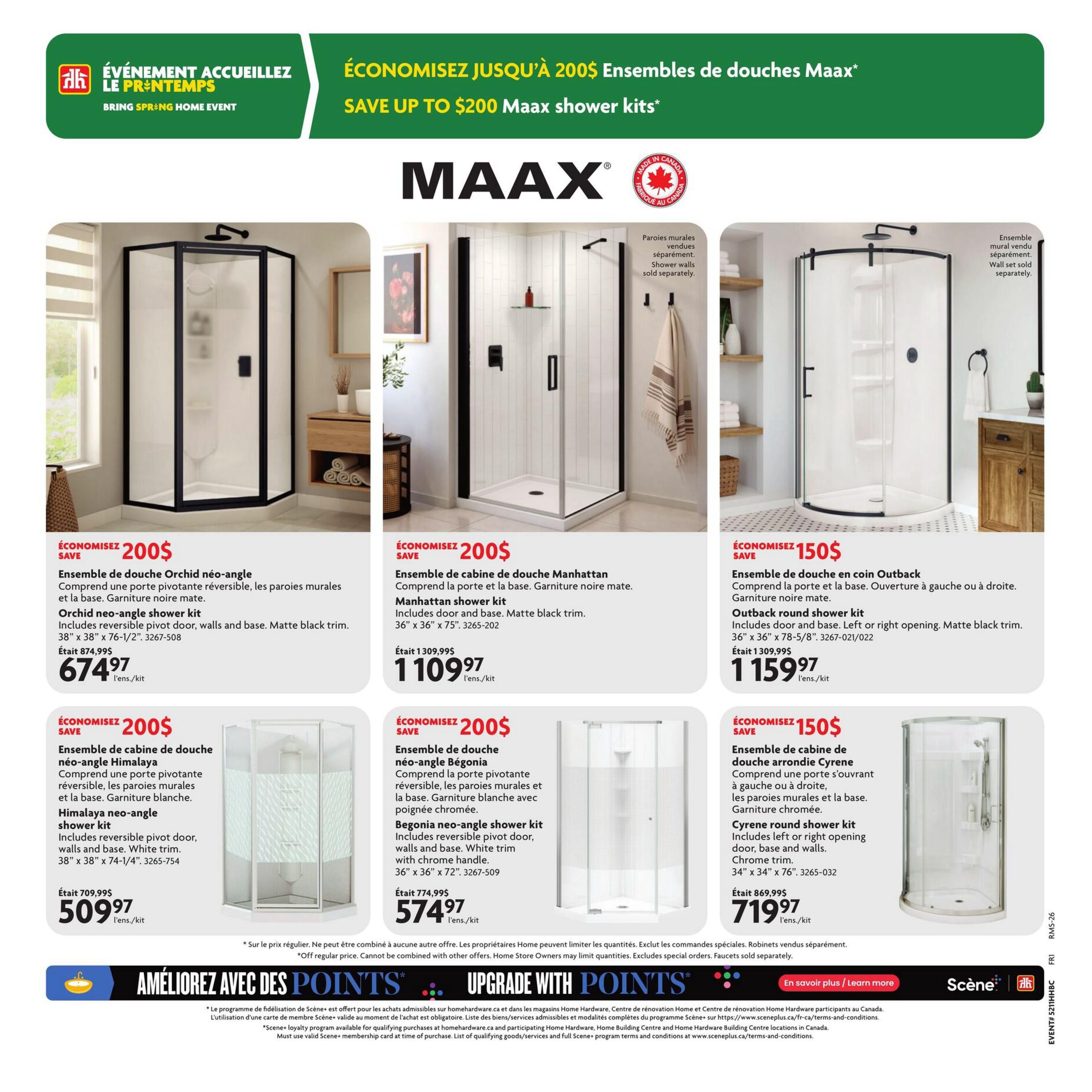 Home Hardware flyer, page 22, features MAAX shower kits with savings up to $200. Featured products include the Orchid neo-angle shower kit for $674.97 (save $200), the Manhattan shower kit for $1109.97 (save $200), the Outback round shower kit for $1159.97 (save $150), the Himalaya neo-angle shower kit for $509.97 (save $200), the Begonia neo-angle shower kit for $574.97 (save $200), and the Cyrene round shower kit for $719.97 (save $150). Note that shower walls are sold separately for some models. The flyer also promotes the 'Améliorez avec des Points' (Upgrade with Points) program, offering Scene+ loyalty rewards.