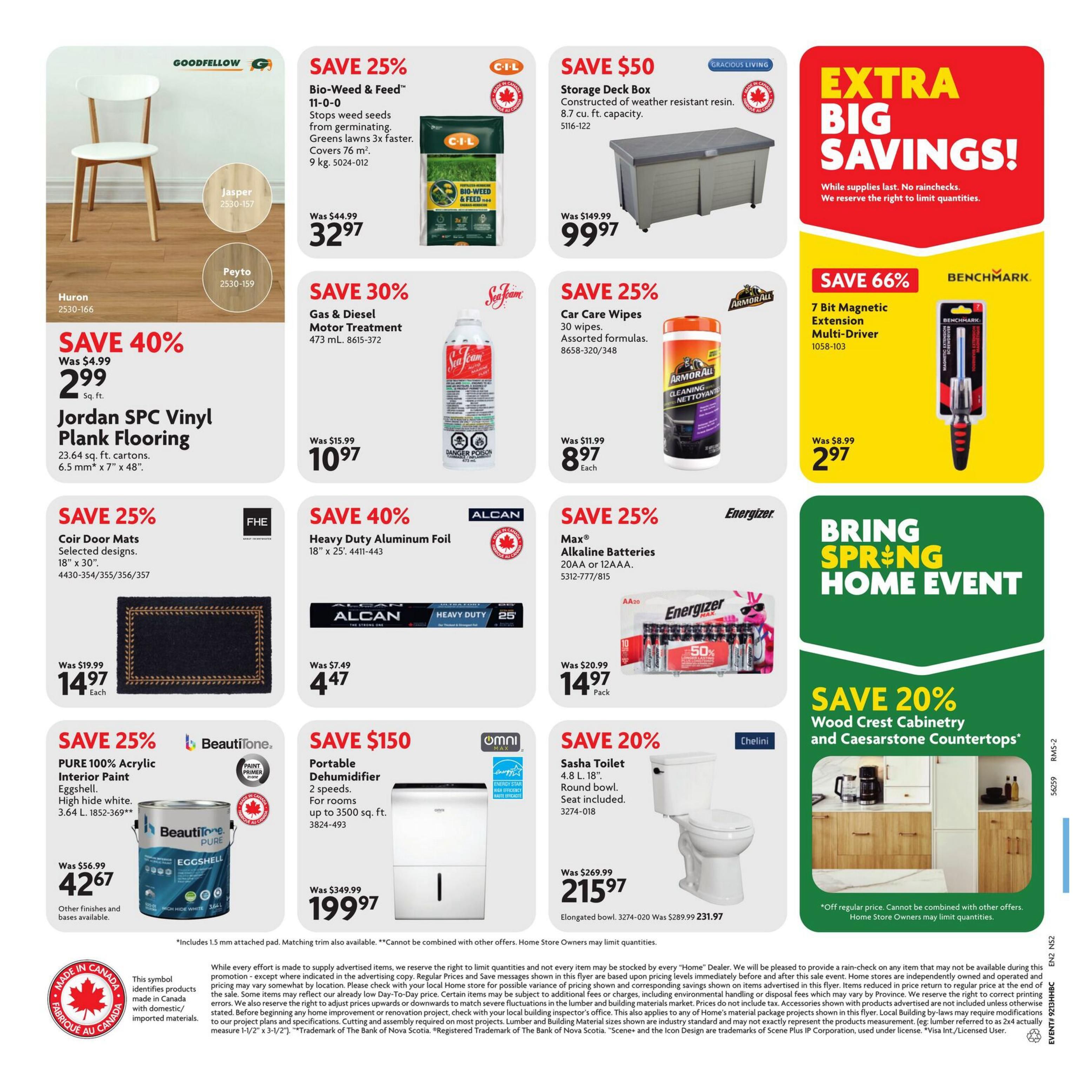 Home Hardware Atlantic flyer page 2 features 'Extra Big Savings!' with 'Bring Spring Home Event' promotions. Save 25% on Bio-Weed & Feed, now $32.97. Save 30% on Gas & Diesel Motor Treatment for $10.97. Jordan SPC Vinyl Plank Flooring is 40% off at $2.99 per sq. ft. Coir Door Mats are 25% off, priced at $14.97 each. Save 25% on PURE 100% Acrylic Interior Paint for $42.67. Save $150 on Portable Dehumidifiers, now $199.97. Save 25% on Storage Deck Box for $99.97. Car Care Wipes are 25% off at $8.97. Save 66% on a 7 Bit Magnetic Extension Multi-Driver for $2.97. Save 25% on Max Alkaline Batteries for $14.97 per pack. Save 20% on Wood Crest Cabinetry and Caesarstone Countertops. Save 20% on Sasha Toilet for $215.97.