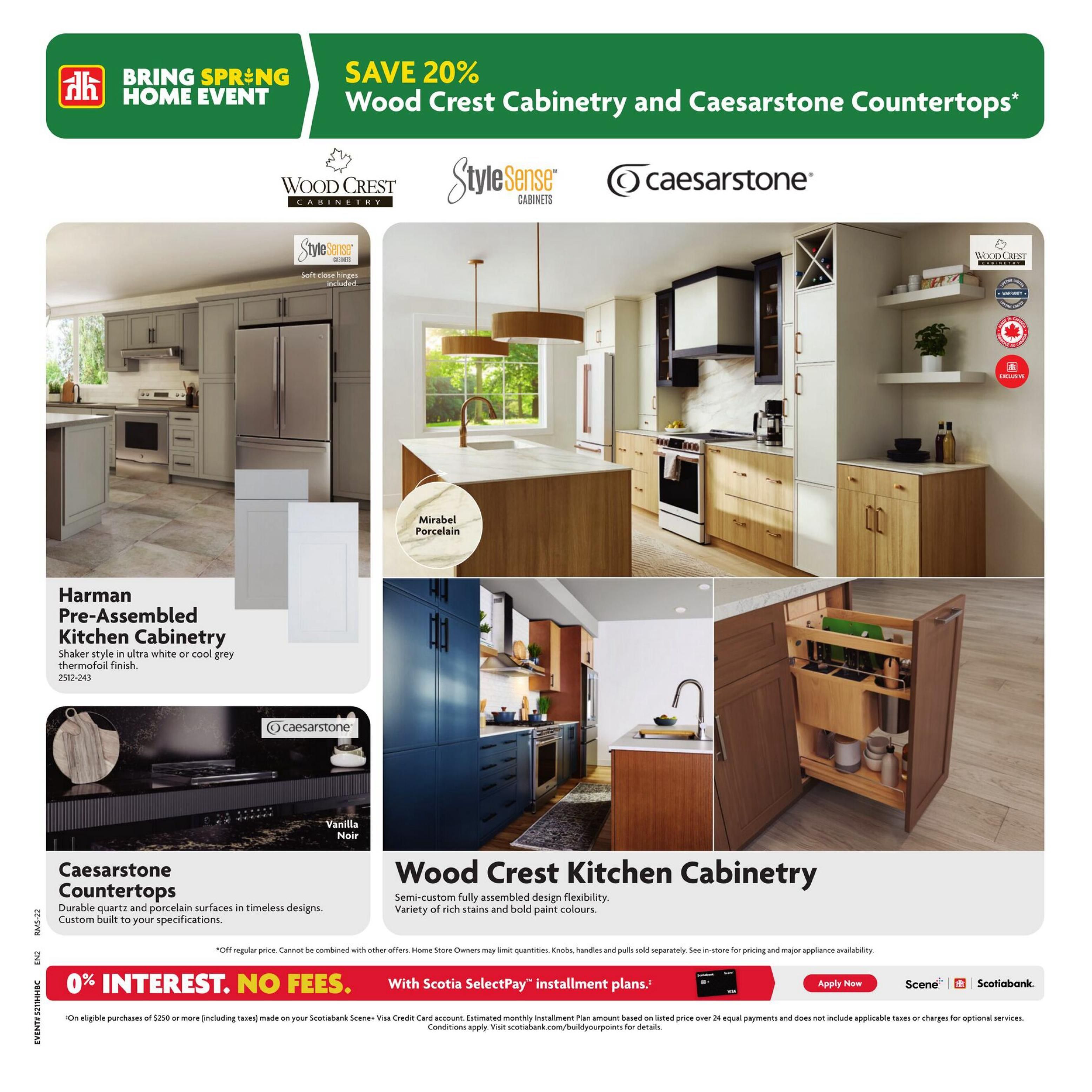 Home Hardware flyer page 8 features the Bring Spring Home Event with savings on Wood Crest Cabinetry and Caesarstone Countertops. Save 20% on select items. Featured products include Harman Pre-Assembled Kitchen Cabinetry in Shaker style, available in ultra white or cool grey thermofoil finish. Also showcased are Caesarstone Countertops with durable quartz and porcelain surfaces in timeless designs, including the Vanilla Noir finish. The page highlights Wood Crest Kitchen Cabinetry with semi-custom, fully assembled design flexibility in various rich stains and bold paint colours. A special offer of 0% interest, no fees with Scotia SelectPay installment plans is available on eligible purchases of $250 or more. The flyer also displays kitchen vignettes featuring different cabinetry styles and Caesarstone countertop options like Mirabel Porcelain.