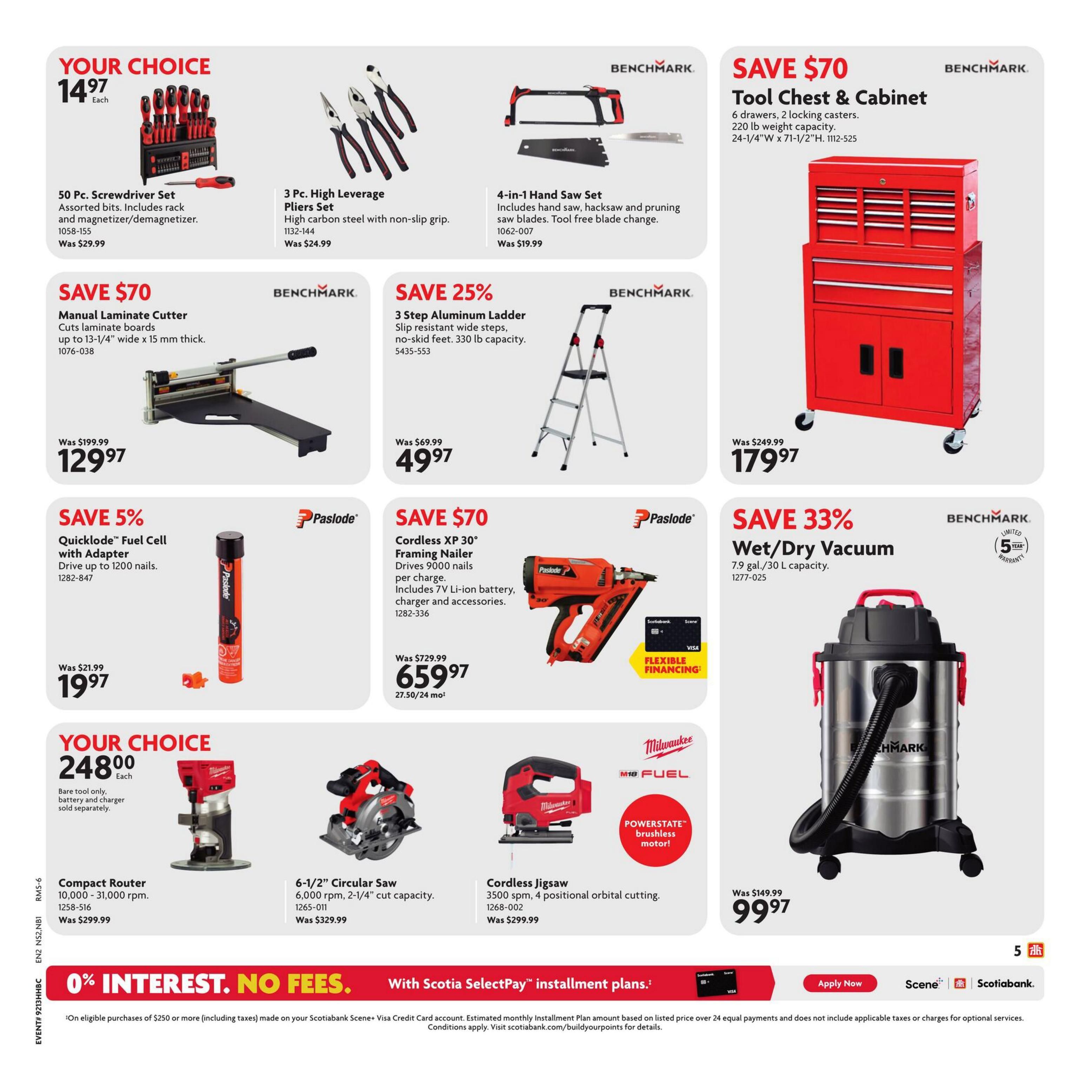 Home Hardware flyer page 10 features a selection of tools and equipment. Your Choice items include a 50 Pc. Screwdriver Set for $14.97, a 3 Pc. High Leverage Pliers Set for $24.99, and a 4-in-1 Hand Saw Set for $19.99. Save $70 on a Manual Laminate Cutter, now $129.97 (was $199.99). Save 25% on a 3 Step Aluminum Ladder, now $49.97 (was $69.99). Save $70 on a Benchmark Tool Chest & Cabinet, now $179.97 (was $249.99). Save 5% on a Quicklode Fuel Cell with Adapter, now $19.97 (was $21.99). Save $70 on a Paslode Cordless XP 30° Framing Nailer, now $659.97 (was $729.99), with flexible financing options. Save 33% on a Benchmark Wet/Dry Vacuum, now $99.97 (was $149.99). Your Choice items also include a Compact Router for $248.00 (bare tool only, battery and charger sold separately), a 6-1/2' Circular Saw for $329.99, and a Milwaukee M18 FUEL Cordless Jigsaw for $299.99. The bottom of the page highlights '0% Interest. No Fees.' with Scotiabank SelectPay installment plans on eligible purchases of $250 or more.