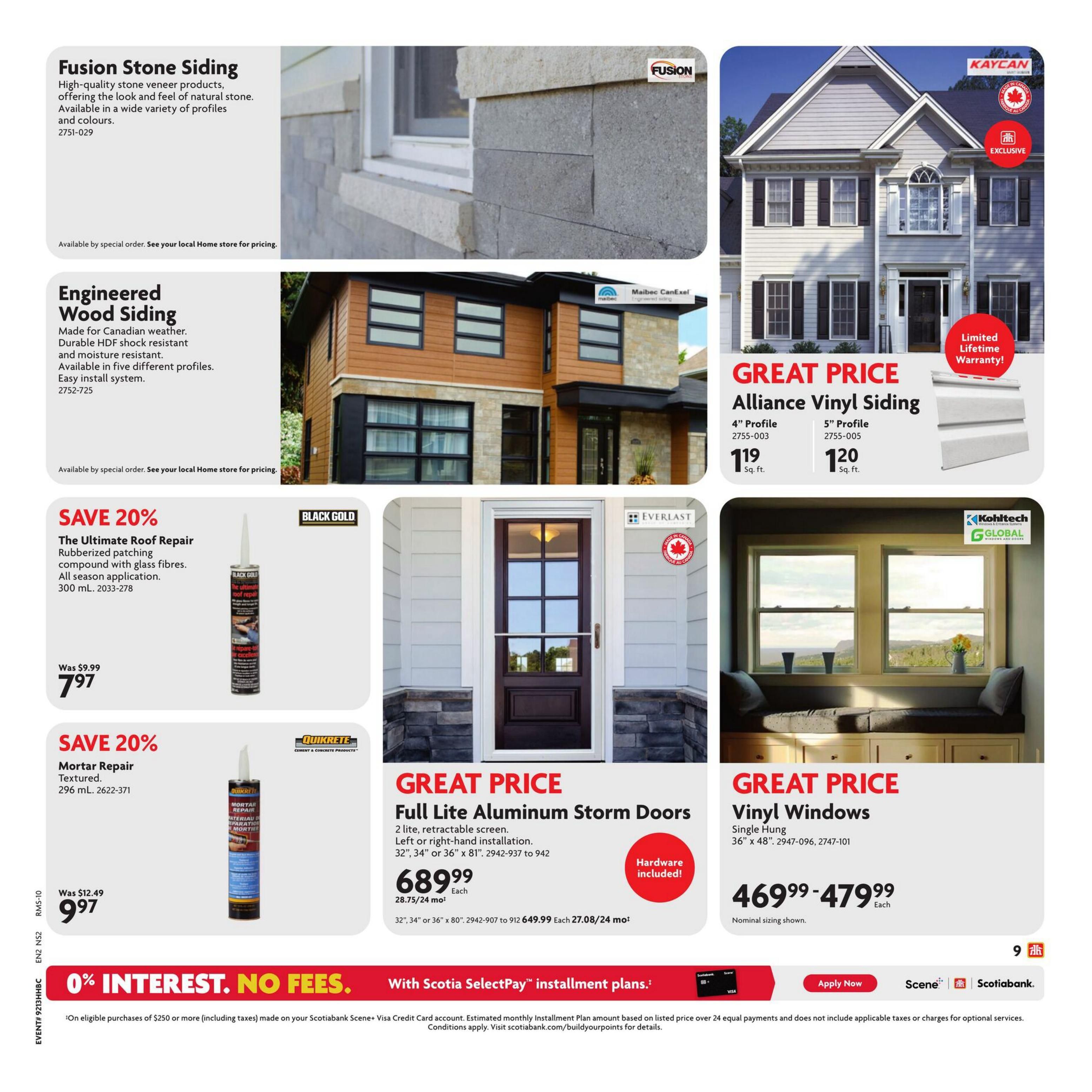Home Hardware Atlantic flyer, page 14. Features Fusion Stone Siding for high-quality stone veneer products in various profiles and colours. Also showcases Engineered Wood Siding, made for Canadian weather with durable HDF, resistant to shock and moisture, available in five profiles. Save 20% on The Ultimate Roof Repair, a rubberized patching compound with glass fibres, now $7.97, was $9.99. Save 20% on Mortar Repair Textured, 296 mL, now $9.97, was $12.49. Great price on Full Lite Aluminum Storm Doors, 2 lite, retractable screen, left or right-hand installation, available in 32', 34' or 36' x 81' for $689.99 each, with hardware included. Also available in 32', 34' or 36' x 80' for $649.99 each. Great price on Alliance Vinyl Siding, 4' profile for $1.19 sq. ft. and 5' profile for $1.20 sq. ft. Great price on Kohltech Global Vinyl Windows, Single Hung, 36' x 48' for $469.99 - $479.99 each. Page also highlights 0% interest, no fees with Scotia SelectPay installment plans on eligible purchases of $250 or more.