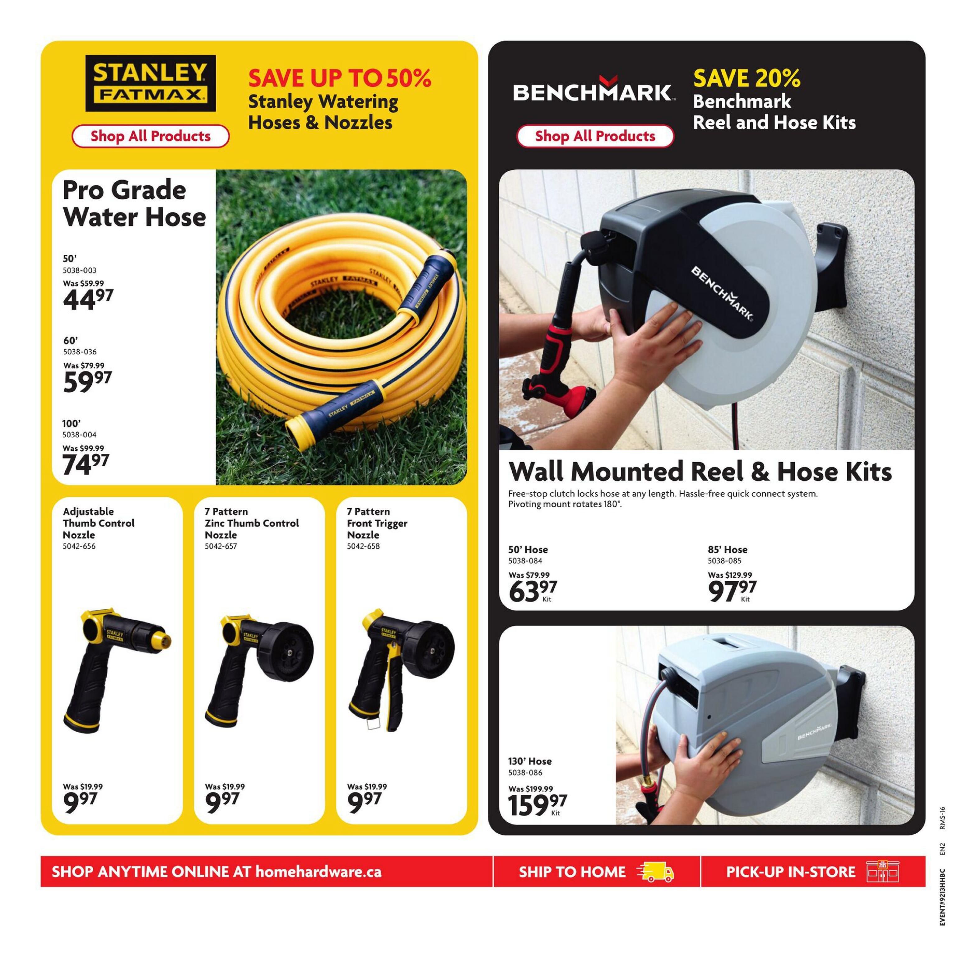 Home Hardware Atlantic flyer, page 20. Save up to 50% on Stanley Fatmax watering hoses and nozzles. Features Pro Grade Water Hose in 50' for $44.97 (was $59.99), 60' for $59.97 (was $79.99), and 100' for $74.97 (was $99.99). Also available are Stanley Fatmax nozzles: Adjustable Thumb Control Nozzle for $9.97 (was $19.99), 7 Pattern Zinc Thumb Control Nozzle for $9.97 (was $19.99), and 7 Pattern Front Trigger Nozzle for $9.97 (was $19.99). On the right, save 20% on Benchmark Reel and Hose Kits. Includes a Wall Mounted Reel & Hose Kit in 50' for $63.97 (was $79.99), 85' for $97.97 (was $129.99), and 130' for $159.97 (was $199.99). The wall-mounted reels feature a free-stop clutch and a pivoting mount. Shop all products online at homehardware.ca, with options to ship to home or pick up in-store.