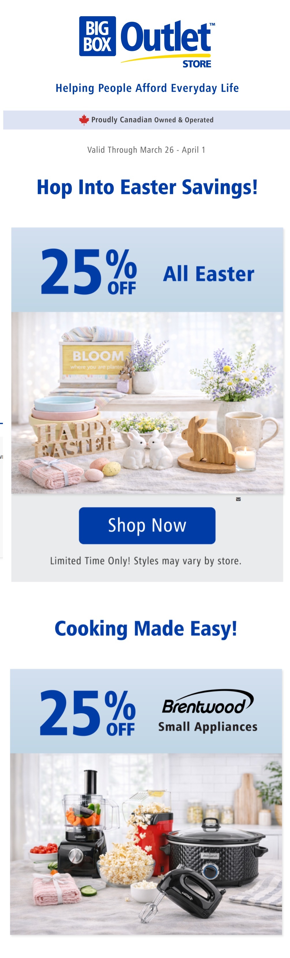 Big Box Outlet Store flyer, valid March 26 - April 1. Features 'Hop Into Easter Savings!' with 25% off all Easter decor, including items like 'Happy Easter' signs, decorative bunnies, and floral arrangements. Also highlights 'Cooking Made Easy!' with 25% off Brentwood Small Appliances, showcasing a food processor, popcorn maker, slow cooker, and hand mixer.