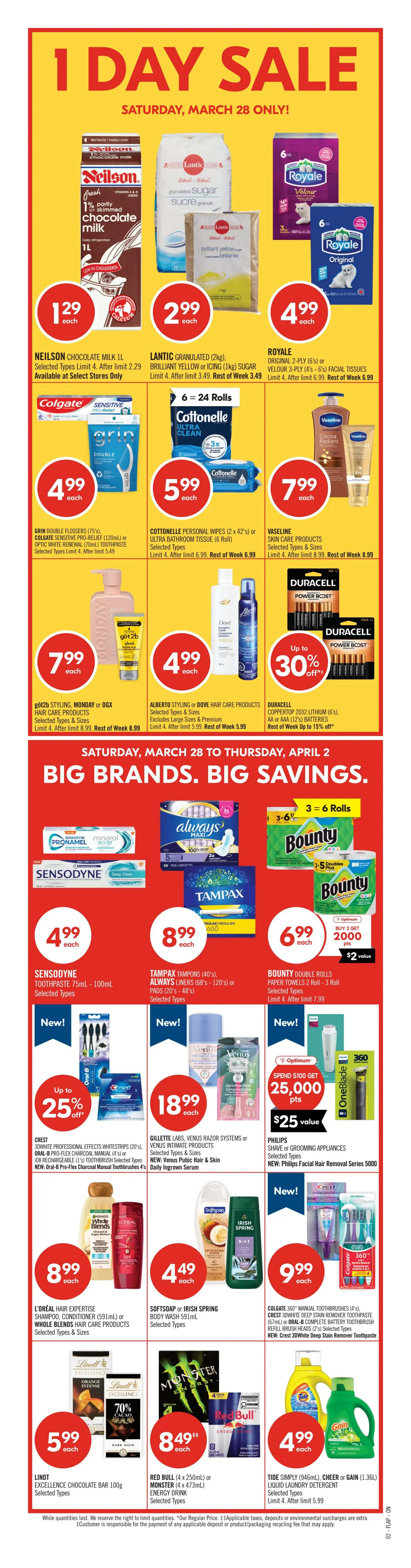 Shoppers Drug Mart Ontario flyer page 3, valid March 28 to April 2. Featuring Easter candy specials. Mix & Match offer: 2 for $5 or $2.89 each for Kinder Joy Surprise Egg (20g), Dare Mallow Bunnies (150g), or Swizzels Easter Squashies (160g). Dare Real Fruit Bunnies (225g), Maynards Sour Patch Kids Bunnies (375g), or Fun Treats (18's) are $4.99 each. PC Milk Chocolate Hollow Bunnies (60g), Waterbridge Springmix Candy Bag, or Huer Candy Carrot (200g) are $3.79 each. Kinder Mix Egg Hunt Kit (186g), Ferrero Rocher (162.5g), or Cadbury Mini Foil Wrapped Eggs (362g - 381g) are $14.99 each. Laura Secord Easter Egg (150g) or Reese's Half Pound Peanut Butter Cup (226g) are $7.99 each. Lindt Lindor Eggs (3's), Jolly Rancher Gummies (200g), or selected McCormick's Easter Candy are $3.99 each. Kraft Peanut Butter Bunny (120g), Kinder Bueno (140g), or Surprise (100g) Eggs are $6.99 each. While quantities last.