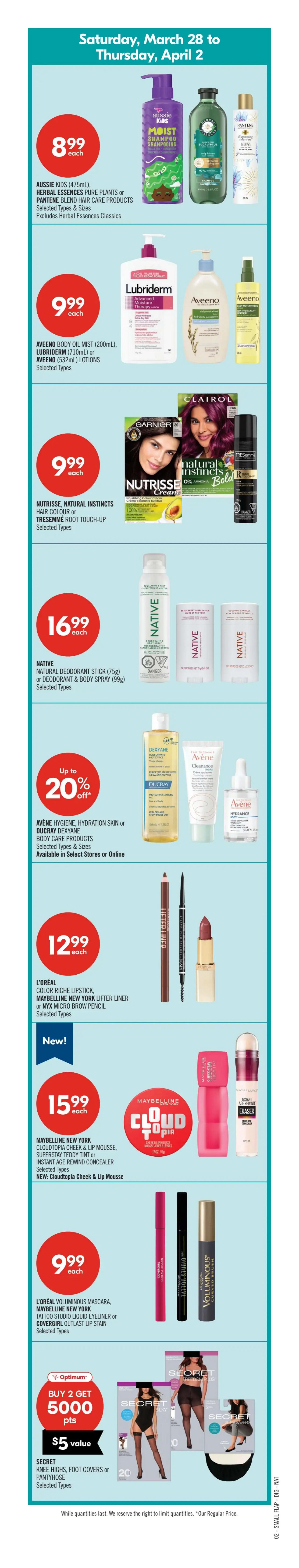 Shoppers Drug Mart flyer page 6 featuring Red Hot Deals from Saturday, March 28 to Thursday, April 2. Offers include TENA incontinence products for $17.99, Jamieson Vitamin Products with up to 40% off, Advil Ibuprofen Pain Relief Products for $17.99, and Ruffles Potato or Tostitos Tortilla Chips 2 for $8.50. Also featured are Cerave or Eucerin Skin Care Products with up to 20% off, Schmidt's Natural or Degree Clinical Antiperspirant/Deodorant for $7.99 each, and Preference or Féria Hair Colour for $13.99 each. Chocolate lovers can find Lindt Gold Foil or Hershey's Solid Chocolate Bunny or Nestle Hide Me Eggs for $6.99. Live well deals include Webber's Naturals, Tylenol Pain Relief Products, Aveeno Moisturizers, Old Spice Body Wash, Gillette Clinical Gel, and Coca-Cola beverages. Other deals include Christie Cookies, Band-Aid, Polysporin, U by Kotex Pads, Vichy, Nuxe, Quo Beauty Cosmetic Brushes, Maxwell House Instant Coffee, and PC Facial Tissues. New items include L'Oréal Extensionist or Maybelline New York makeup for $17.99 and $13.99 respectively, Air Wick or Finish Dishwasher Detergent products with up to 25% off, and Pampers Super Boxed Diapers for $28.99. Also available are Colgate Toothpaste, Q-Tips Swabs, WaterWipes, and PC Bathroom Tissue.