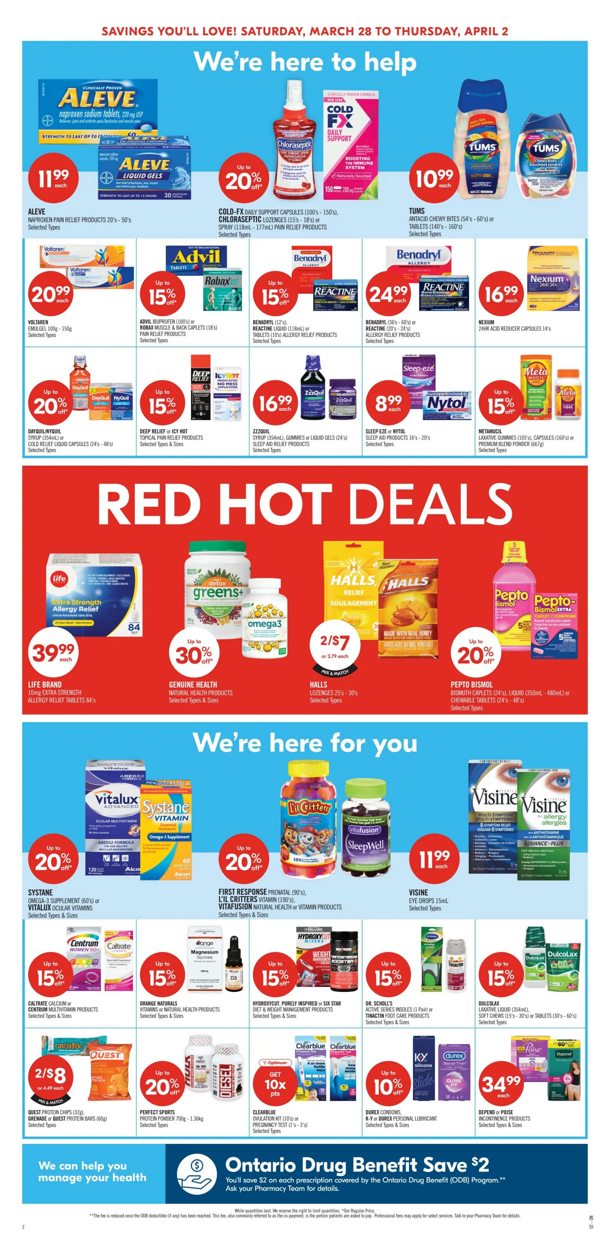 Shoppers Drug Mart Ontario flyer page 7 features a wide range of health and wellness products. Featured items include Aleve Pain Relief Products for $11.99, Cold-FX Daily Support Capsules and Chloraseptic Lozenges up to 20% off, and Tums Antacid Chewy Bites for $10.99. Also on sale are Advil Ibuprofen and Robax Muscle & Back Caplets with up to 15% off, Benadryl Allergy products with up to 15% off, and Nexium 24HR Acid Reducer Capsules for $16.99. Deep Relief or Icy Hot Topical Pain Relief Products are up to 15% off, and ZzzQuil Syrup or Liquid Gels are $16.99. Sleep-eze or NyQuil Sleep Aid Products are $8.99, and Metamucil Laxative Gummies or Capsules are up to 15% off. In the 'Red Hot Deals' section, Life Brand 10mg Extra Strength Allergy Relief is $39.99, Genuine Health Detox Greens+ and Omega3 are up to 30% off, and Halls Lozenges are 2 for $7. Pepto Bismol products are up to 20% off. Further down, Systane Eye Drops and Vitalux Ocular Vitamins are up to 20% off. First Response Prenatal, L'il Critters Vitamin, and VitaFusion Natural Health or Vitamin Products are also up to 20% off. Visine Eye Drops are $11.99. Caltrate Calcium or Centrum Multivitamin Products are up to 15% off, Orange Naturals Magnesium Glycinate products are up to 15% off, and Hydroxycut Purely Inspired or Six Star Diet & Weight Management Products are up to 15% off. Dr. Scholl's Active Sense Insoles and Tinging Foot Care Products are up to 15% off. Dulcolax Laxative Liquid and Soft Chews are up to 15% off. Quest Protein Chips or Bars are 2 for $8. Perfect Sports Protein Powder is up to 20% off. Clearblue Ovulation Kits or Pregnancy Tests offer up to 10x points. Durex Condoms and Personal Lubricants are up to 10% off. Depend or Poise Incontinence Products are $34.99. The page also highlights the 'Ontario Drug Benefit Save $2' program.